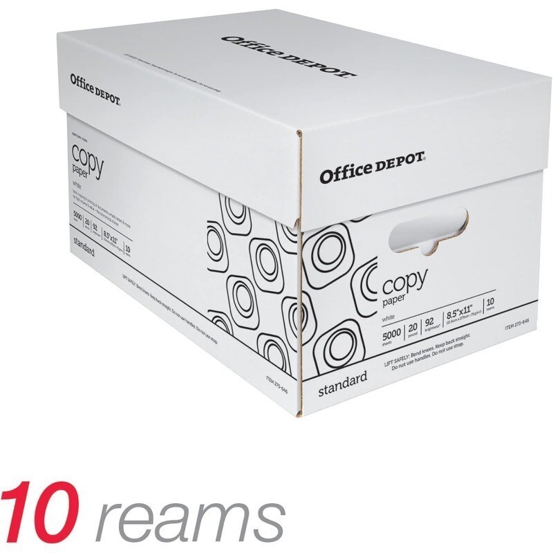 White Copy Paper 8 1/2in. x 11in., 20 Lb, 500 Sheets Per Ream, Case Of 10 Reams