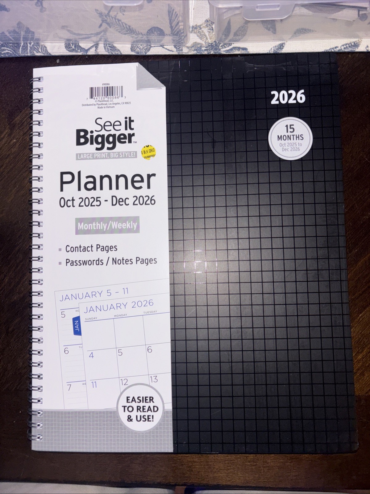 See It Bigger NEW 2026 Planner Contacts 9×11″ 890576 Black Grid Cover