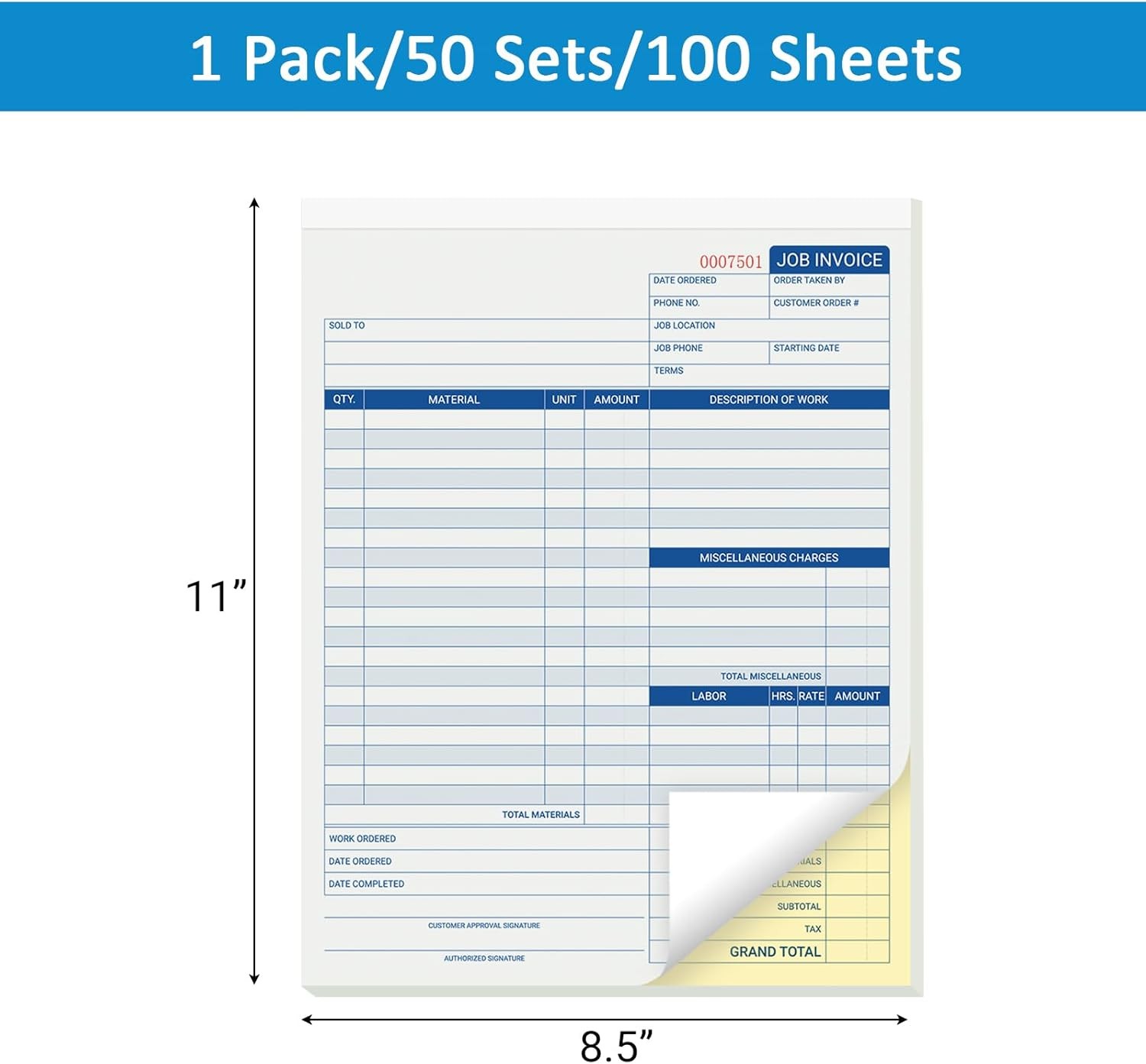 50 Pages – Auto Repair Job Order Invoice Forms – 2 Part Carbonless Work Order Fo