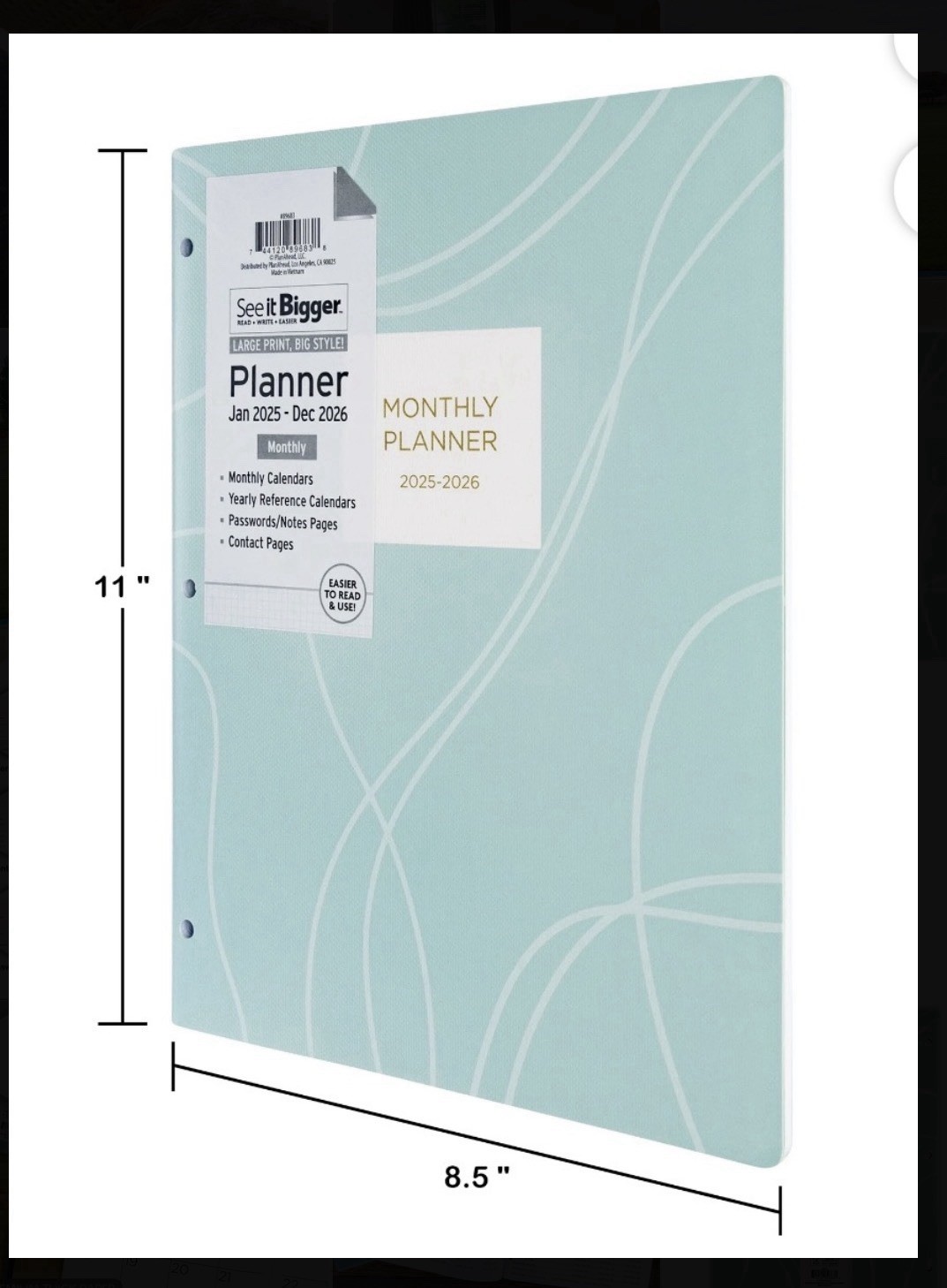 Planner 2025/2026 Large print monthly w notes/contacts FREE JUST PAY SHIPPING