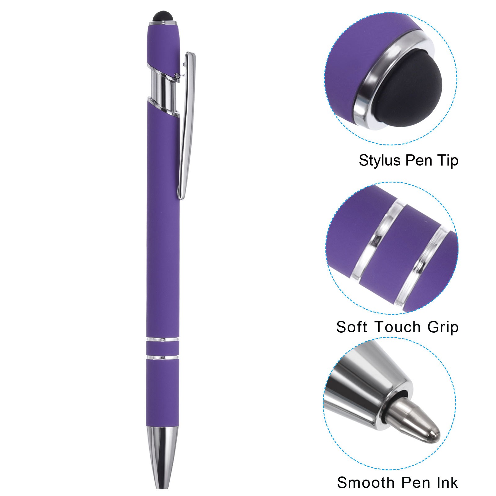 6Pcs Ballpoint Pen w/ Stylus Tip 2 in 1 Metal Pen Style 1, Purple