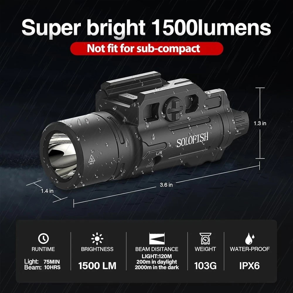 1500Lm Slidable Pistol Light Green Beam Combo Strobe/Momentary