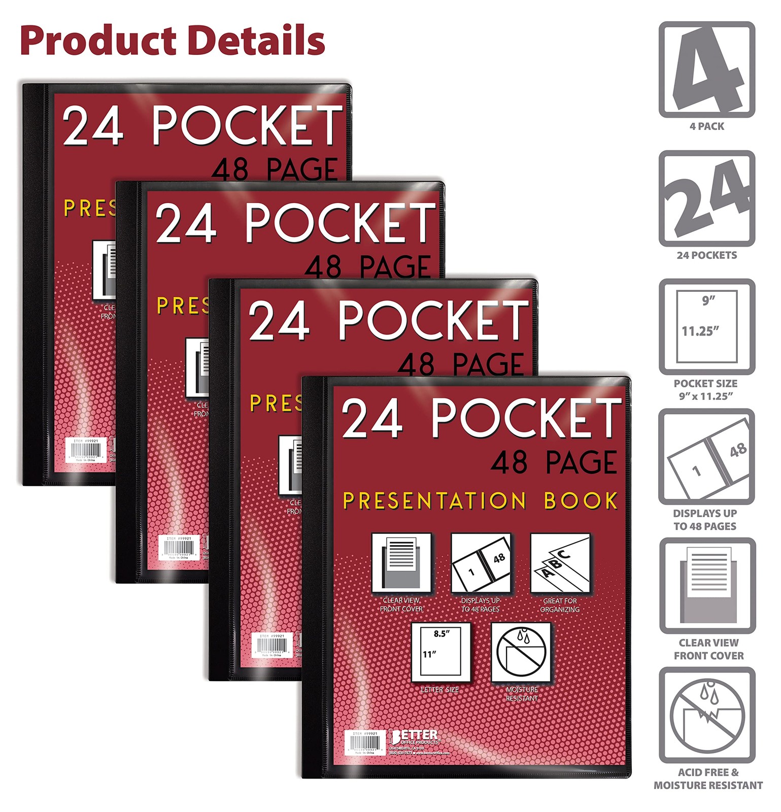 Presentation Book 24 Pocket 48 Sheet Protector Pages Black Letter Size 4 Pack