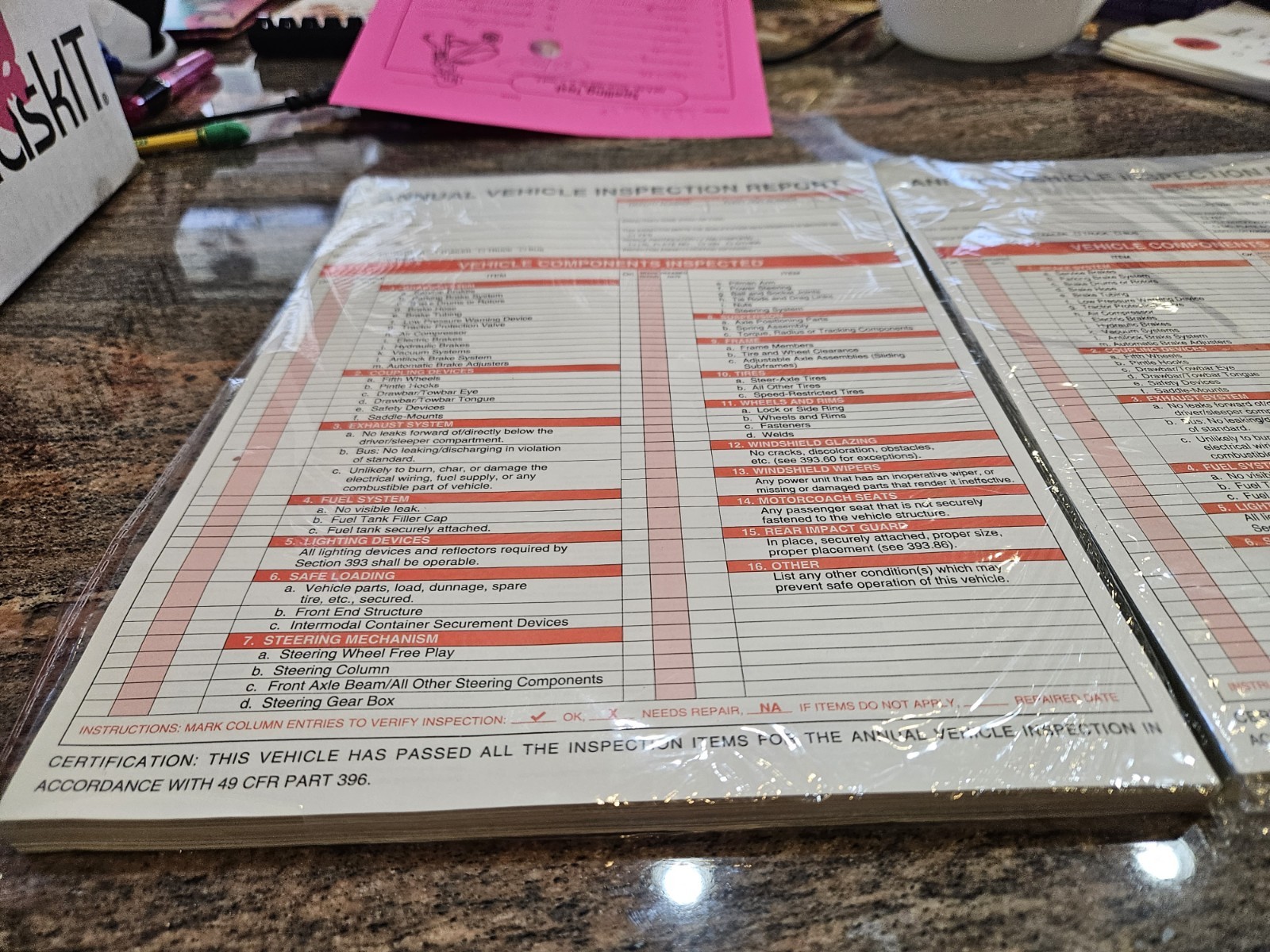 2x 25-PACK. Annual Vehicle Inspection Report Form 3-Ply, Carbonless. FMCSA DOT.
