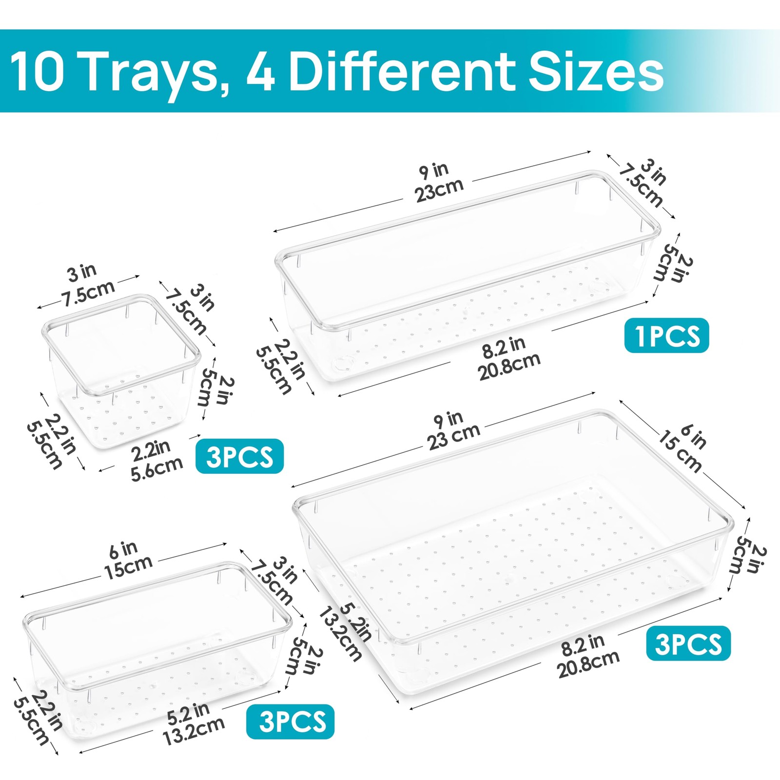 Vtopmart 10 Pcs Makeup Drawer Organizer Bins Set, 4 9″L x 6″W x 2″H, Clear