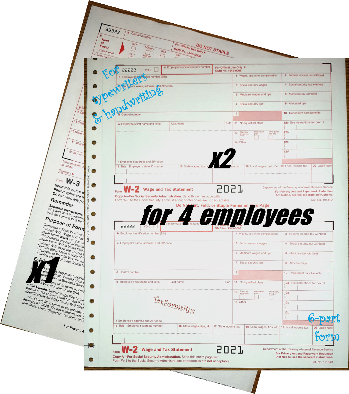 2021 IRS Tax Forms W-2 Wage Stmts for 4 employees CARBONLESS 6-pt+(1)W3 NO Env