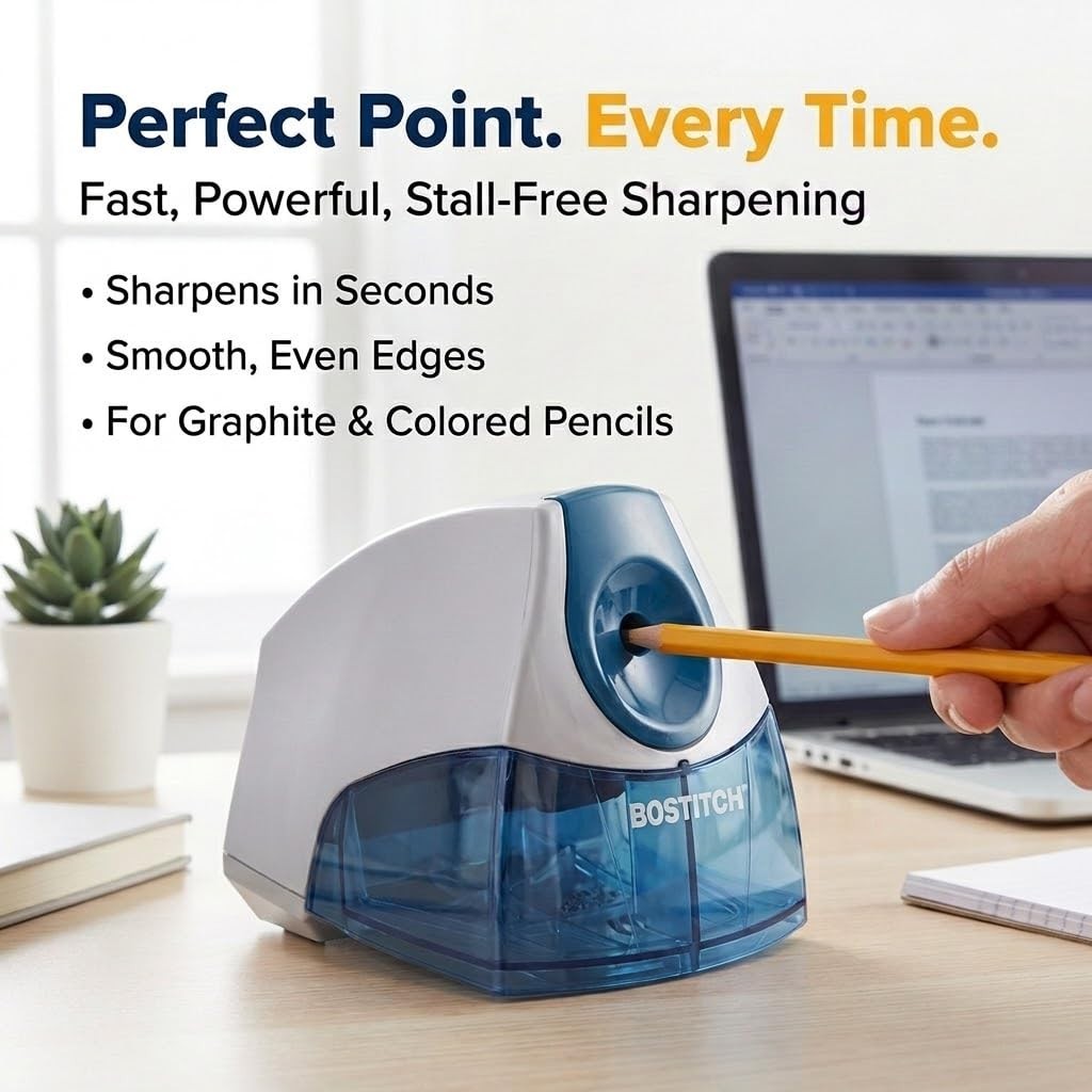 Blue Electric Pencil Sharpener with Large Shavings Tray & Safety Switch