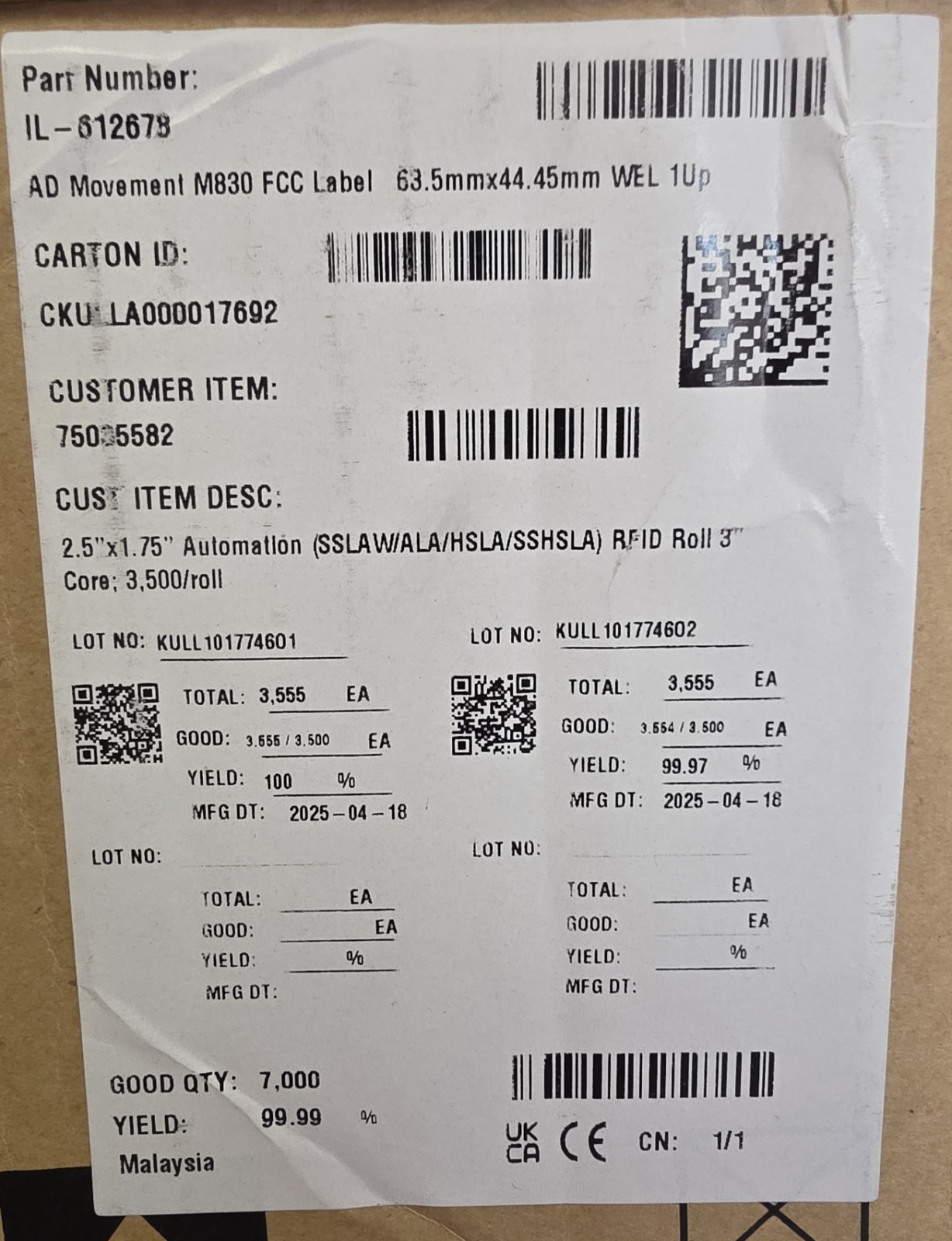 Avery Dennison Smartrac AD Movement WEL M830 RFID Labels 44.45mm 2 Rolls Of 3550