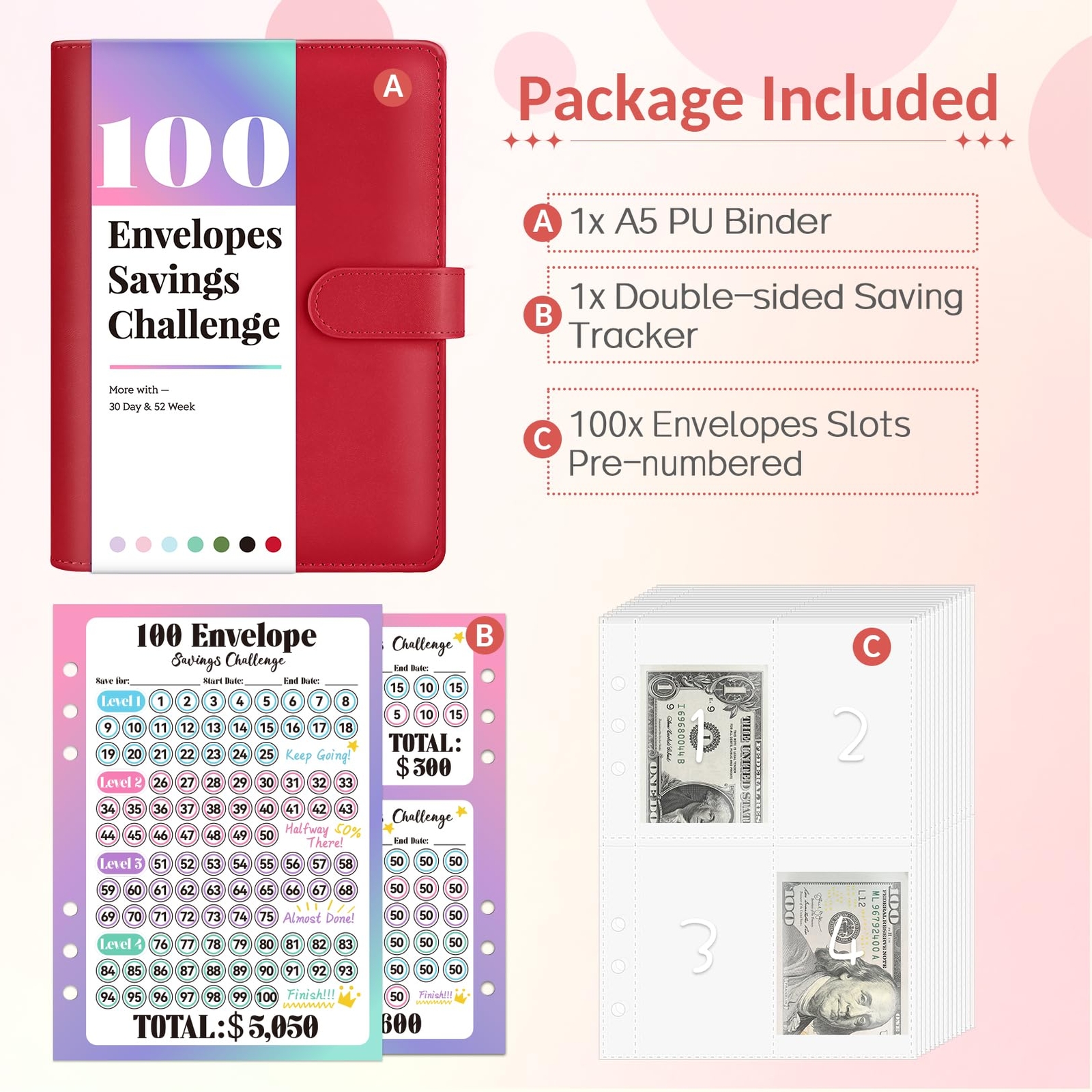 100 Envelope Savings Challenge Book with 100 Pocket Pre-numbered & Reusable L…