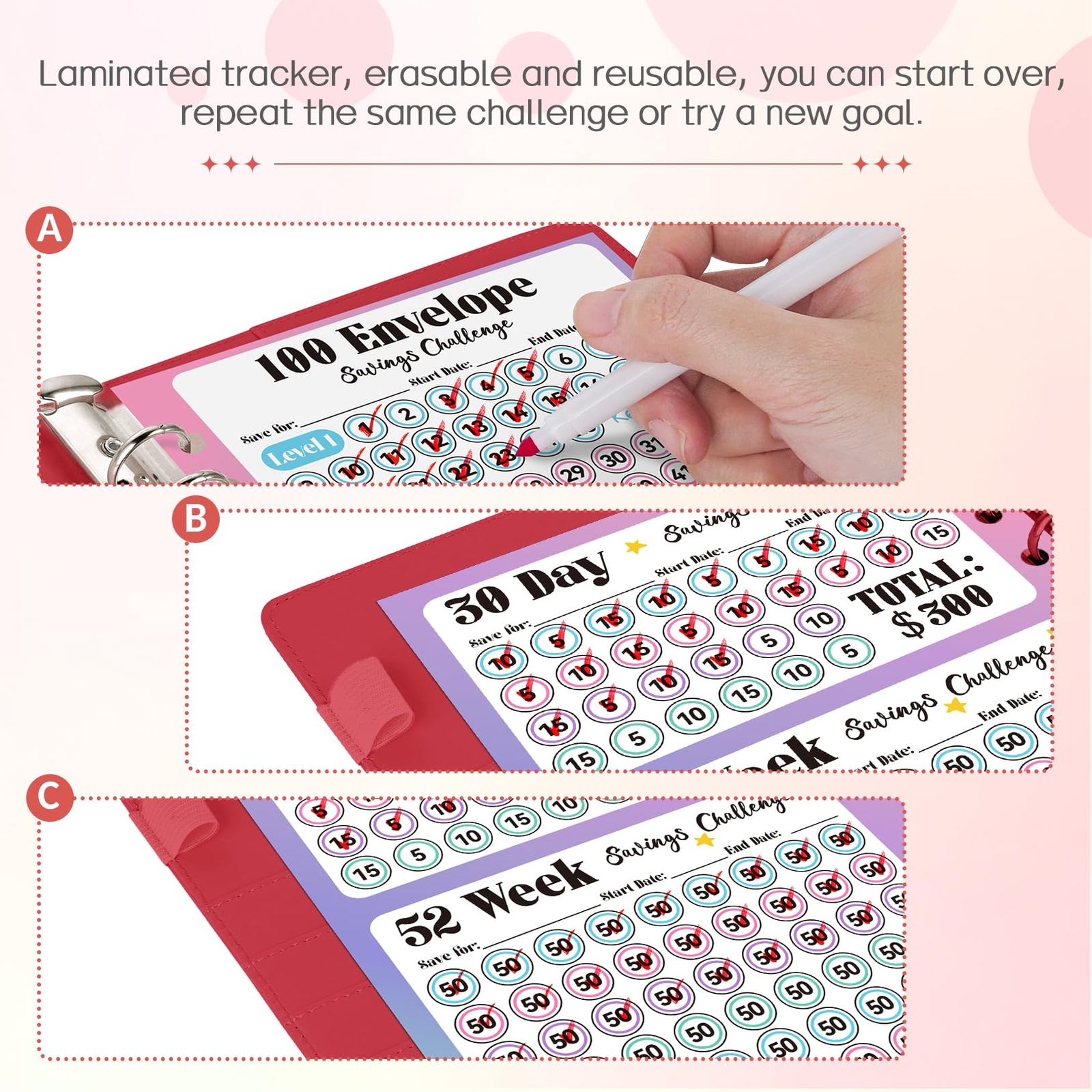 100 Envelope Savings Challenge Book with 100 Pocket Pre-numbered & Reusable L…