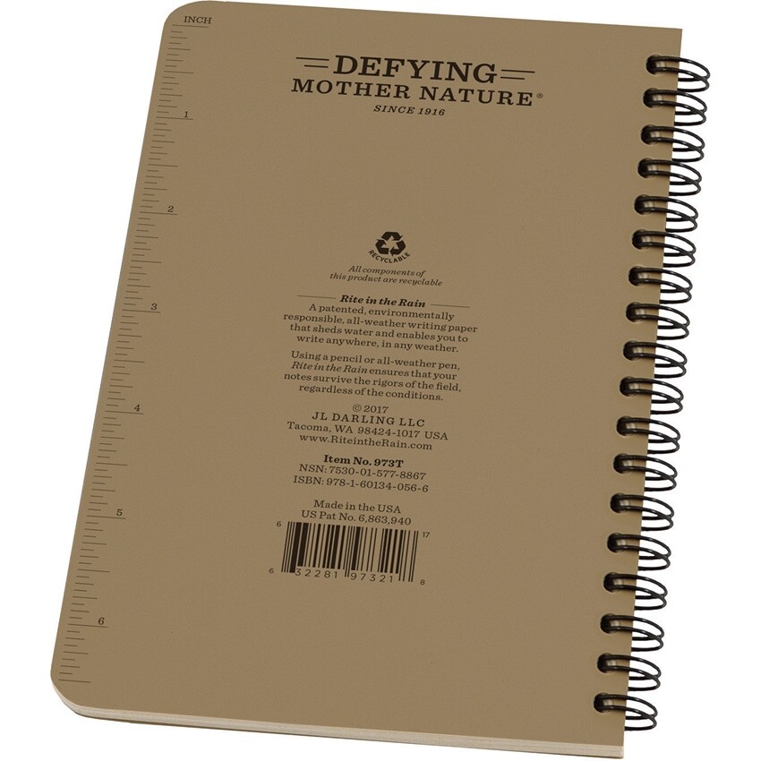 Rite In The Rain Side Spiral Binding Notebook Tan Polydura cover / 19 Gauge