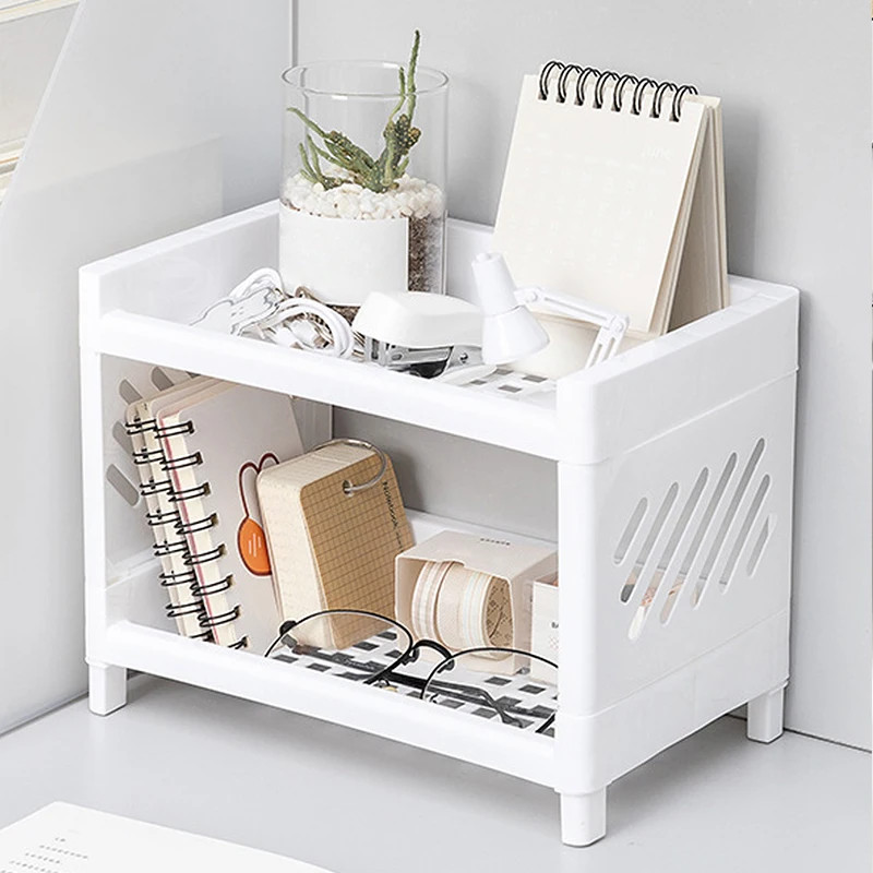 Rectangular White Double Layer Desktop Storage Rack Office Cosmetics Stationery
