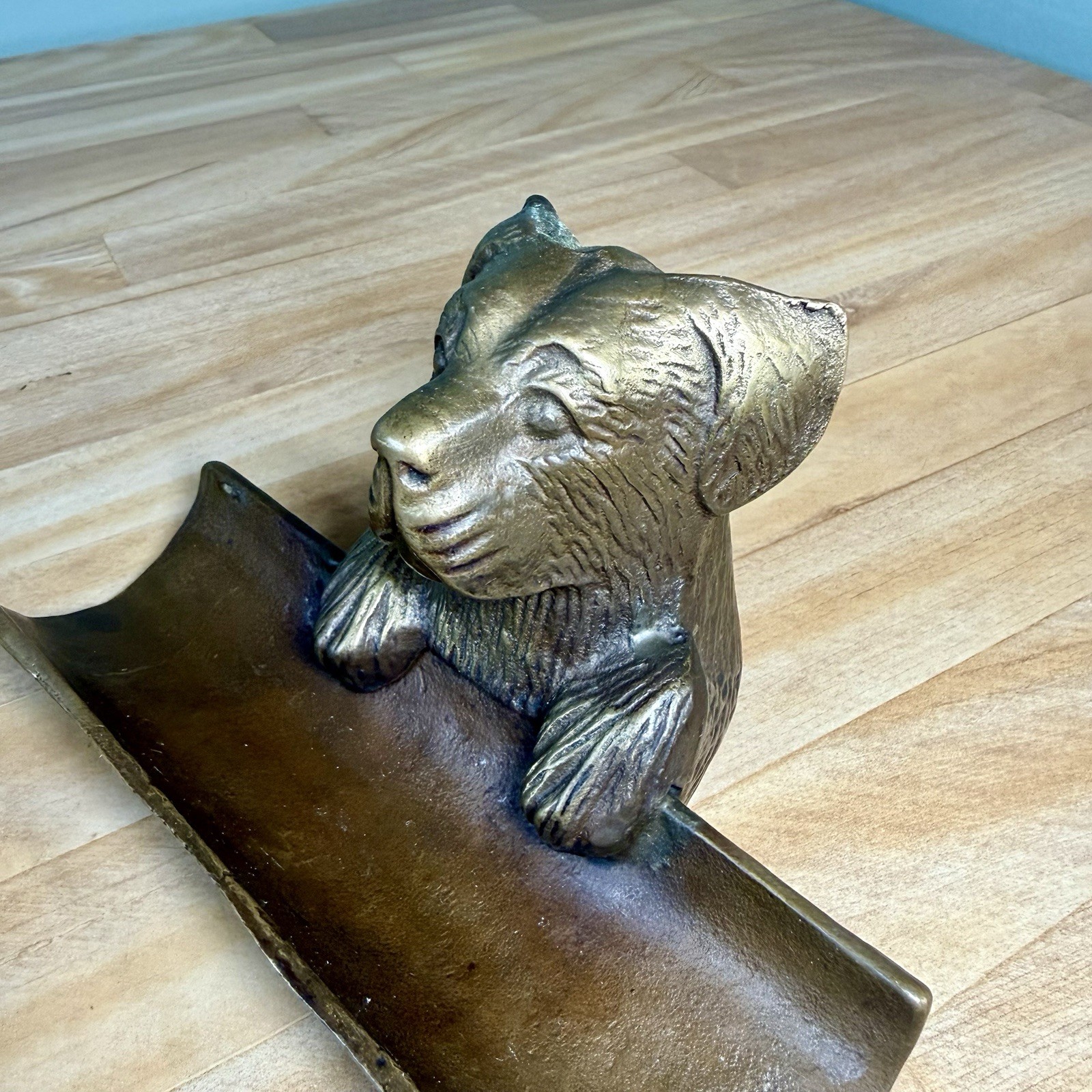 VTG Bronze Cast Metal Dog Puppy Office Desk Business Card Pen Holder 50s 60s 70s