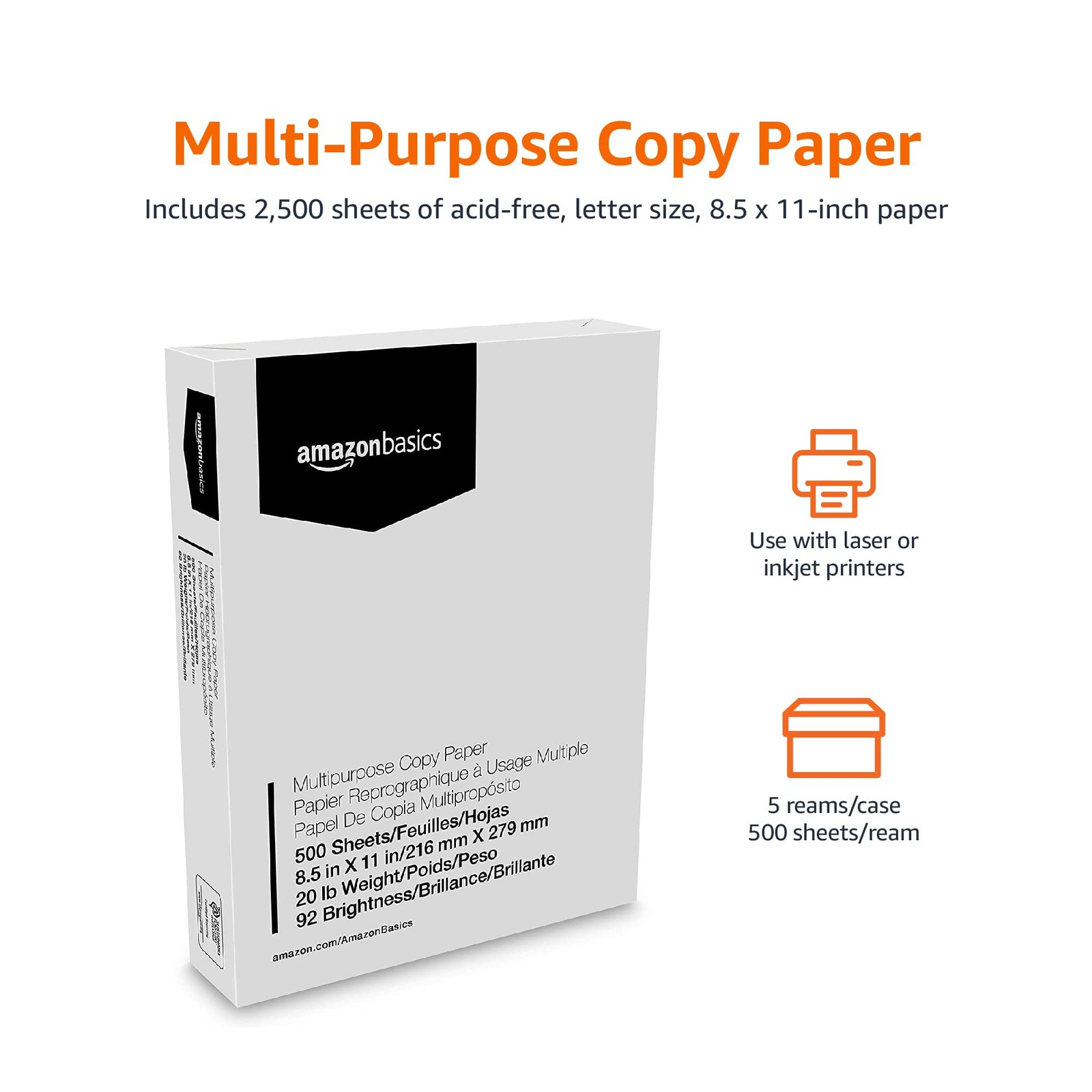 Amazon Basics Multipurpose Copy Printer Paper, 5 Reams | 2500 Sheets, White
