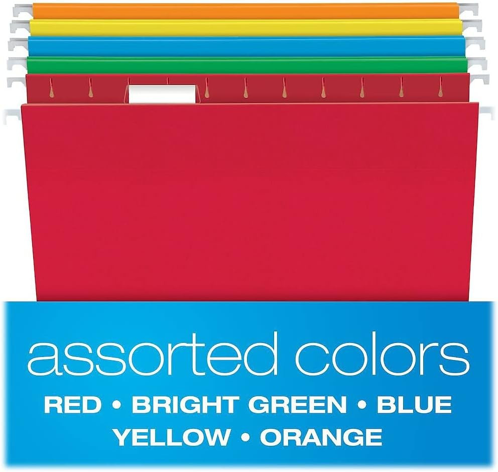 Hanging File Folders Letter Size Assorted Colors 1/5-Cut Adjustable Tabs 25 per