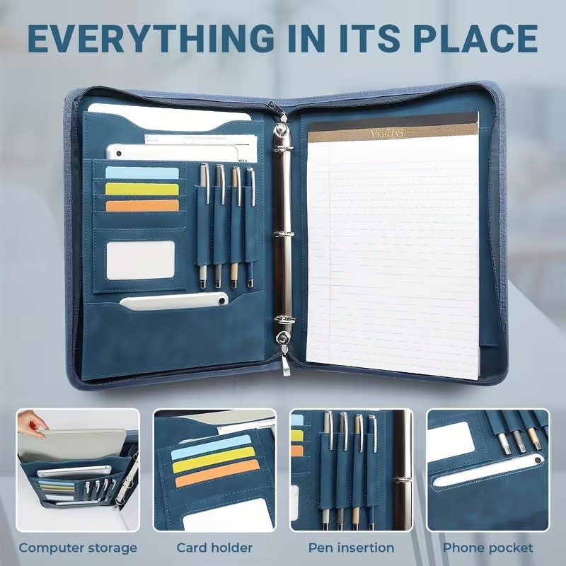 Leather Zippered Padfolio Binder – 3-Ring Business Portfolio Organizer