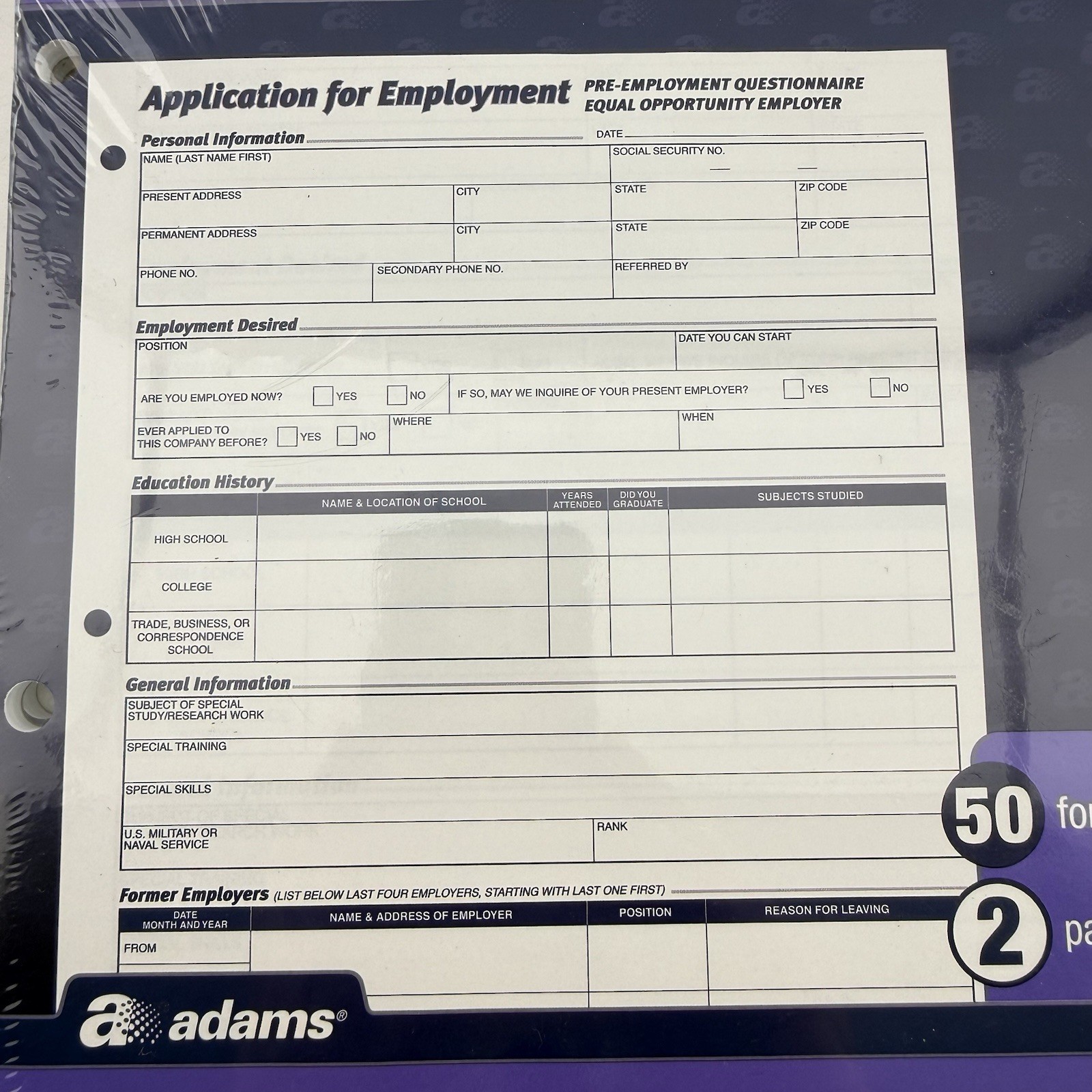 Adams 9661 Application for Employment 8.5 x 11 3-Hole Punched Forms 2 Pads