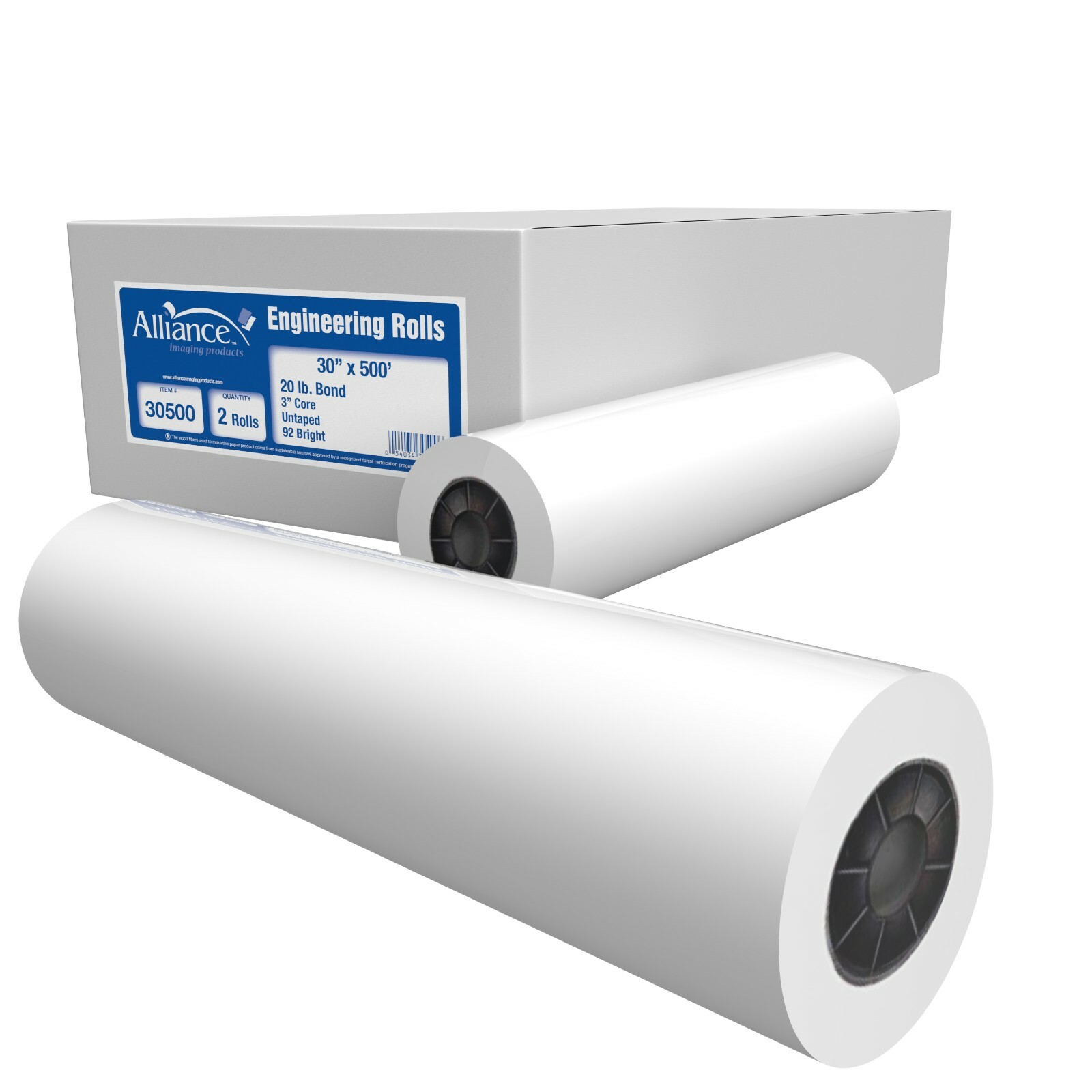 Alliance Paper Rolls, Bond Engineering, 30”x500’x3”, 92 Bright, 20lb. 2 Rls/Ctn