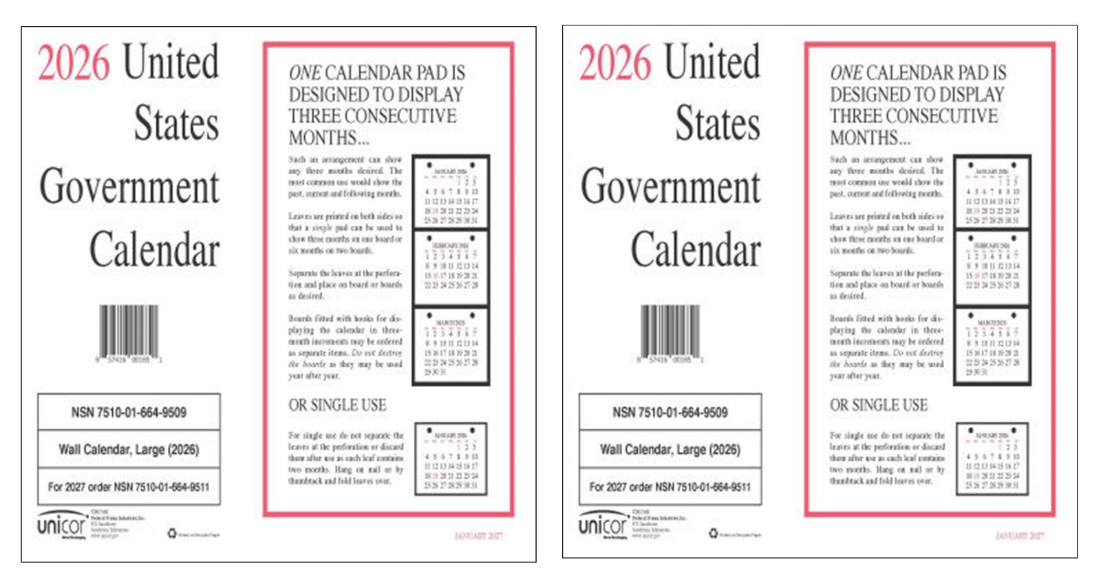 Unicor 2026 Fed Wall Calendar, Qty=1, Individual, Single, Displays 3 Months