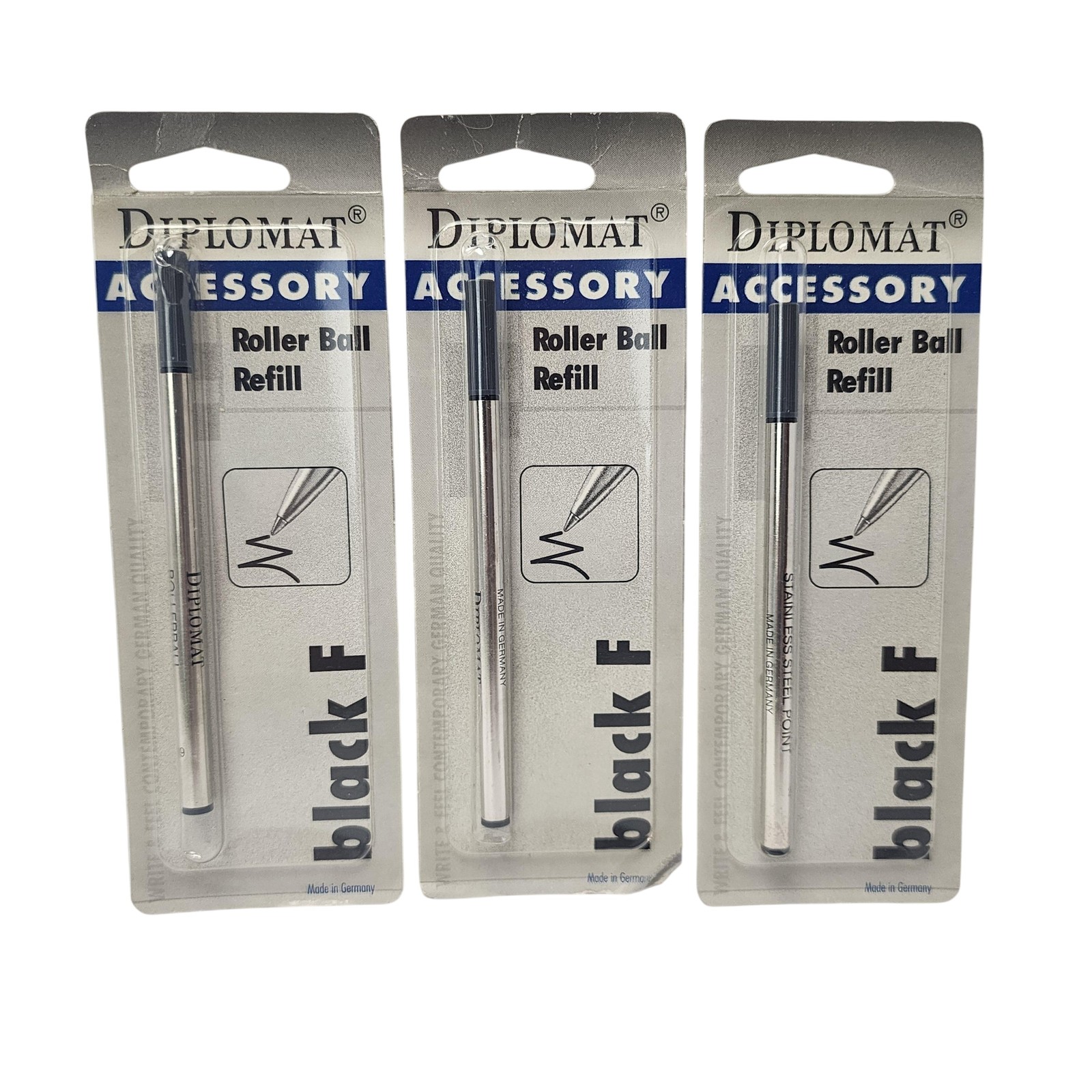 Diplomat Roller Ball Pen Refill Black F Fine Tip Made In Germany 3 Pack Refills
