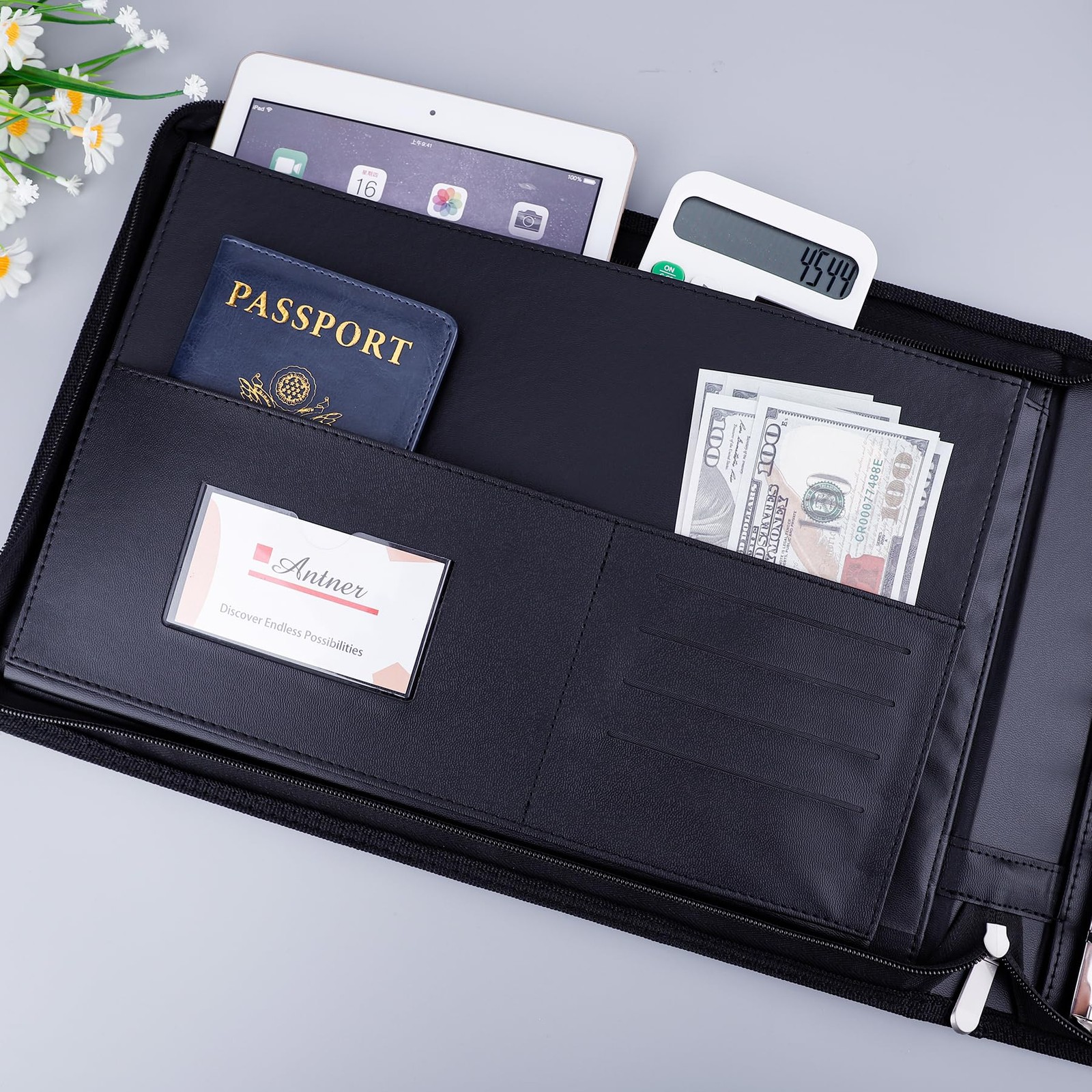 Antner Zippered 7 Ring Business Checkbook Binder Portfolio for Black