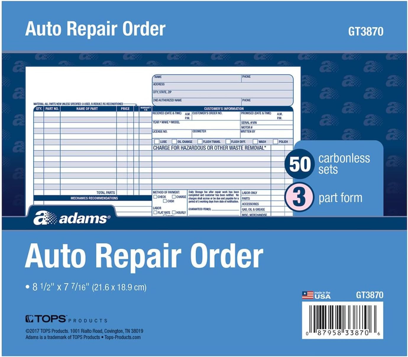 Adams 3-Part Carbonless Auto Repairs Book 8.5″L x 7.44″W 50 Forms/Book 301630