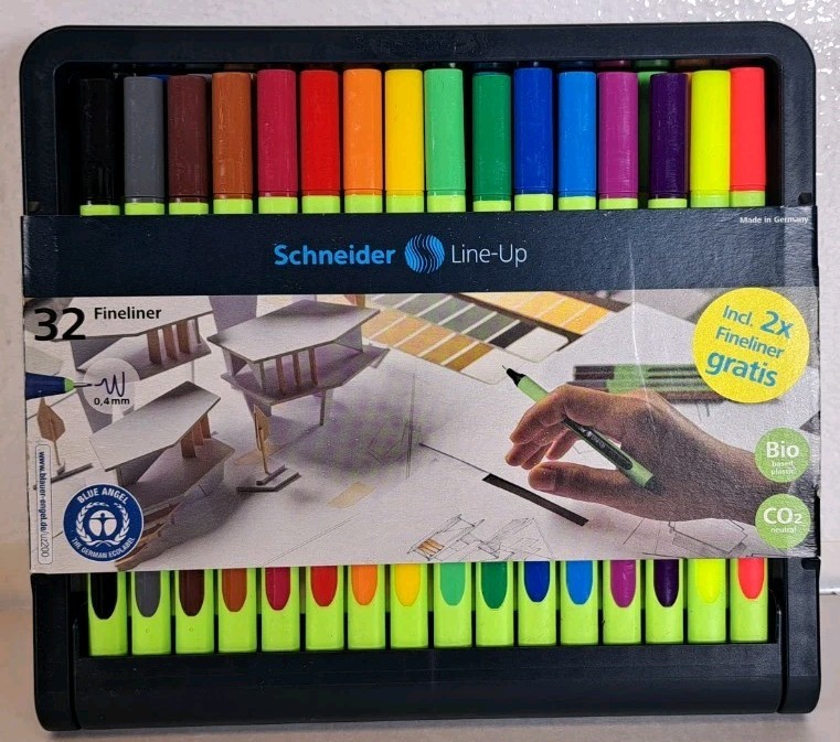 Schneider 0.4mm Bio-Based Fineliners with Case Stand, 32 Colors