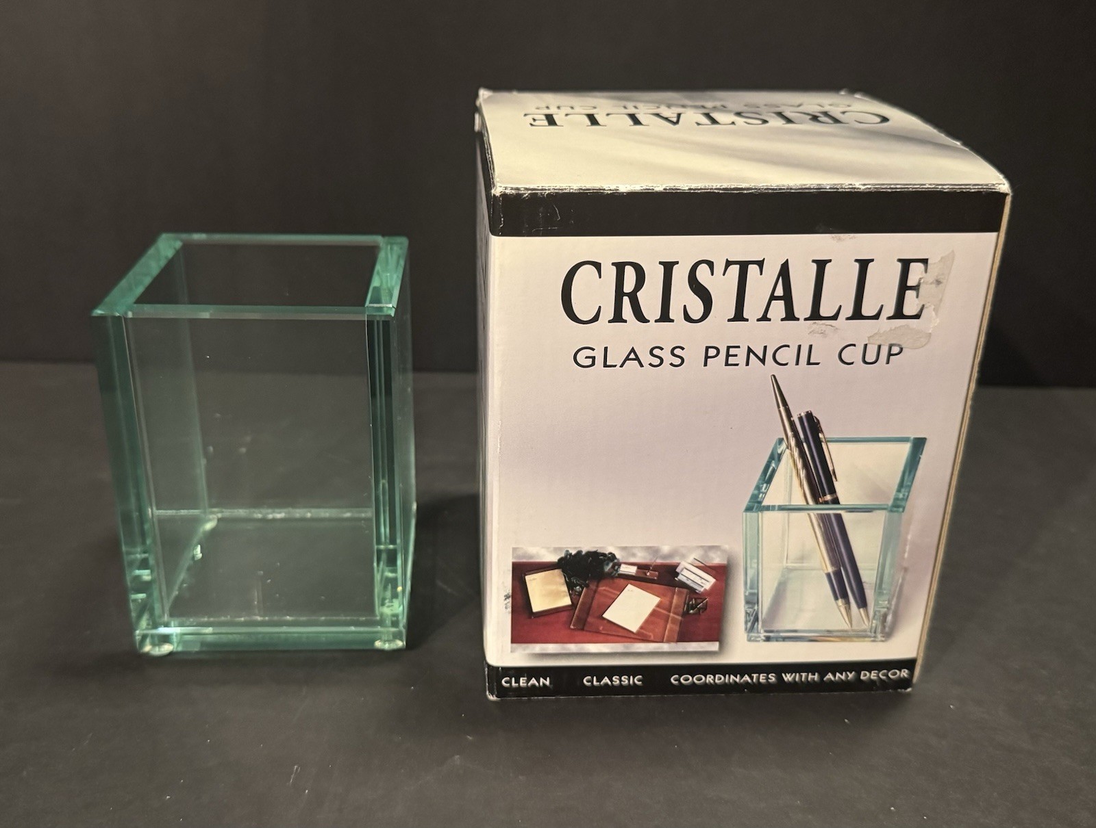 CRISTALLE Glass Pencil Cup ~Pens or Pencils Square Clear Holder~ New in Box