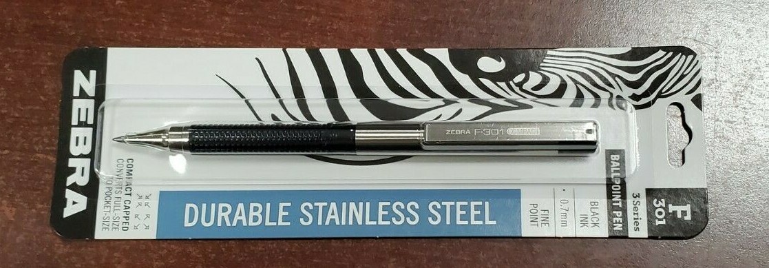 2 Zebra F301 Compact Capped Ballpoint Stainless Steel Retractable Pen Fine Point