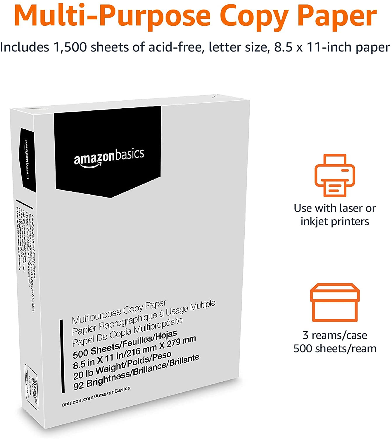 Multipurpose Copy Printer Paper, 20 Lb, 8.5 X 11 Inches, 3 Reams (1,500 Sheets),