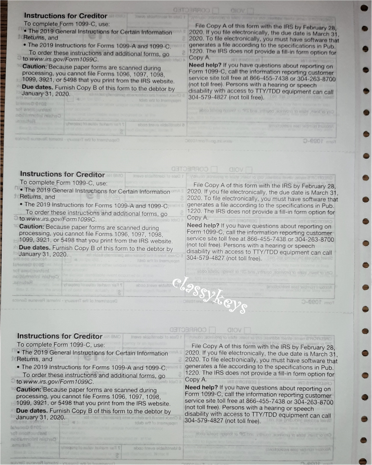 2019 IRS Tax Form 1099-C single sheet set for 3 debtors, carbonless 3-part