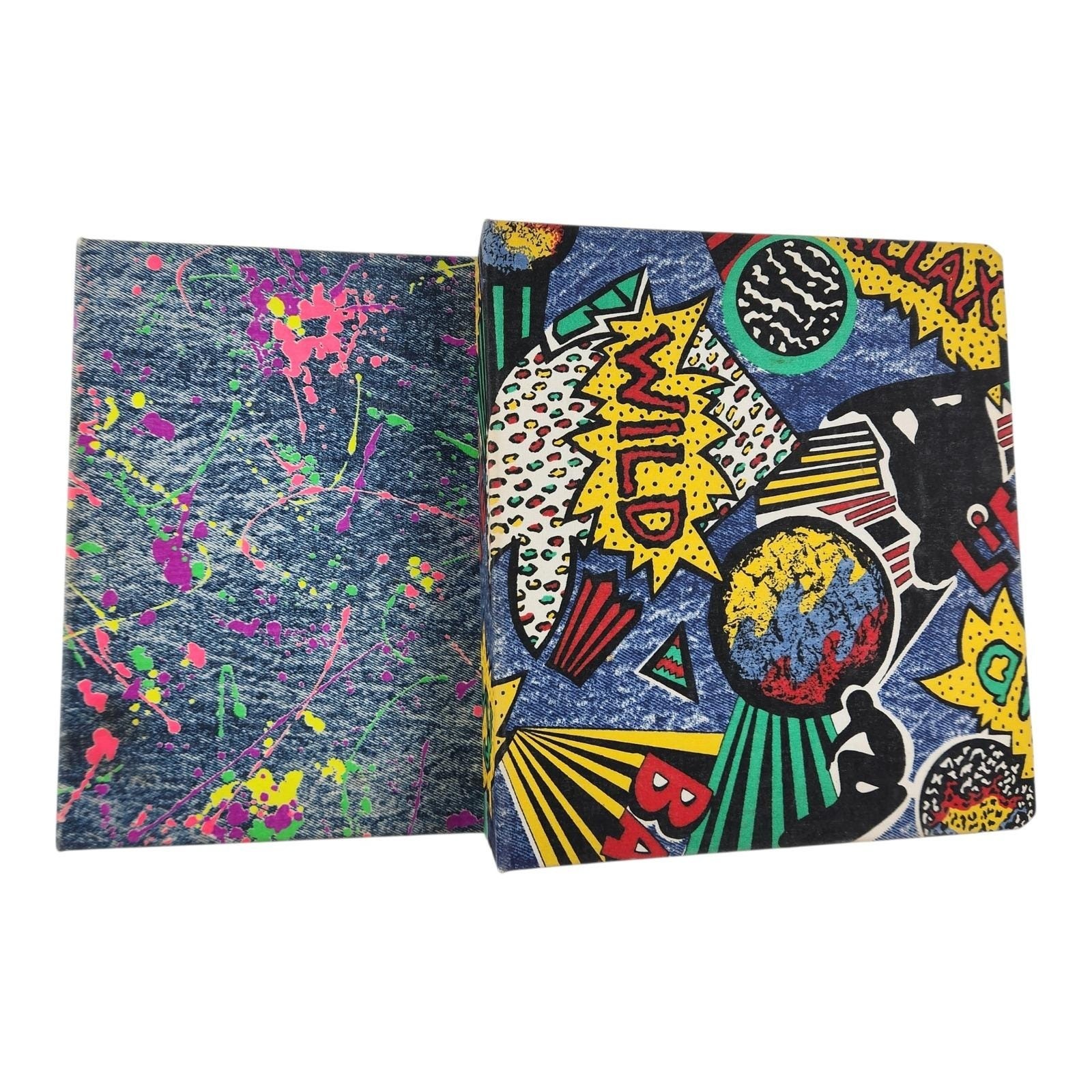 Vintage 80s/90s 1.5″ 3 Ring Binders (2) Pop Art Paint Splatter Fabric Retro