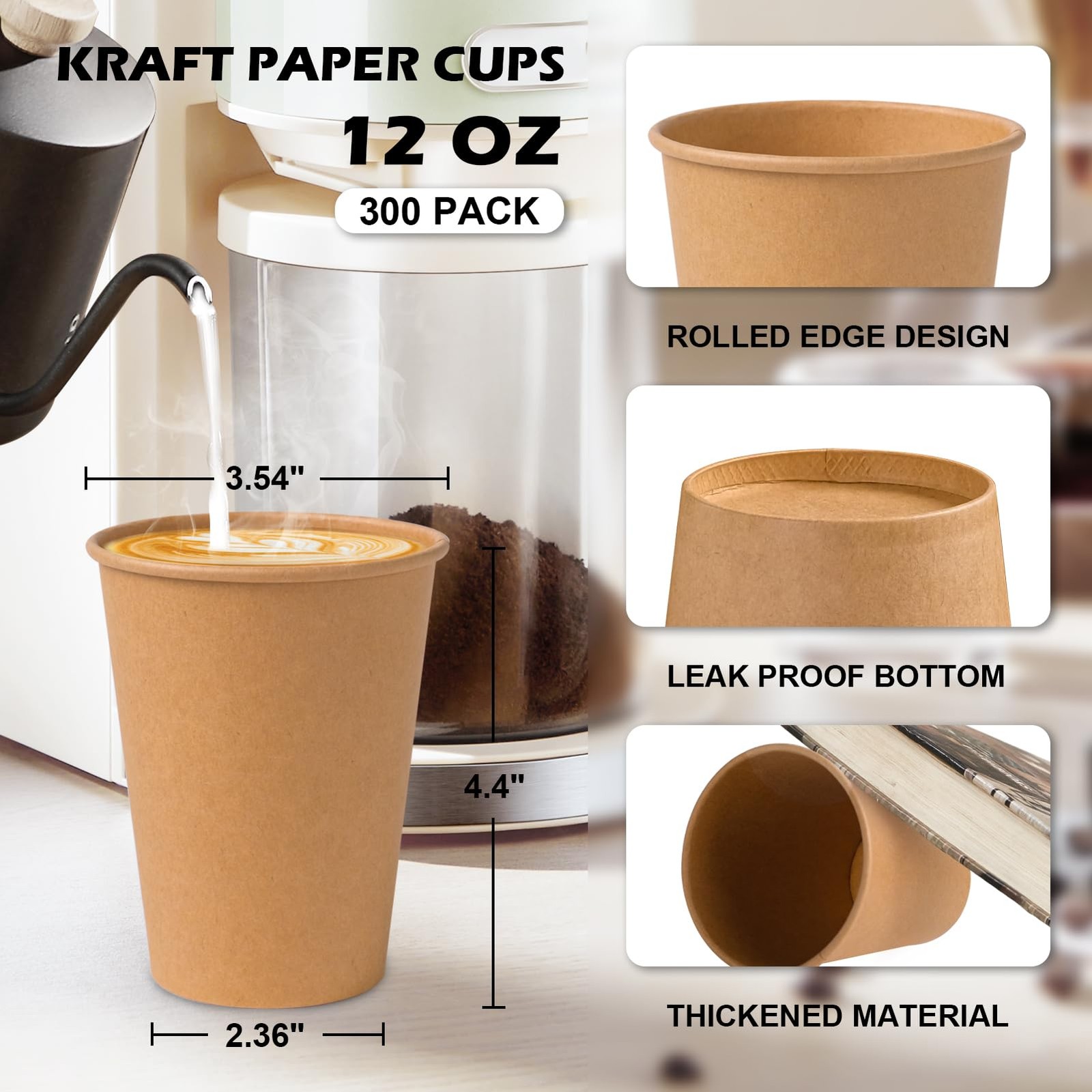 SIUQ 300 Pack 12 oz Kraft Paper Cups, Unbleached Disposable 8 oz,