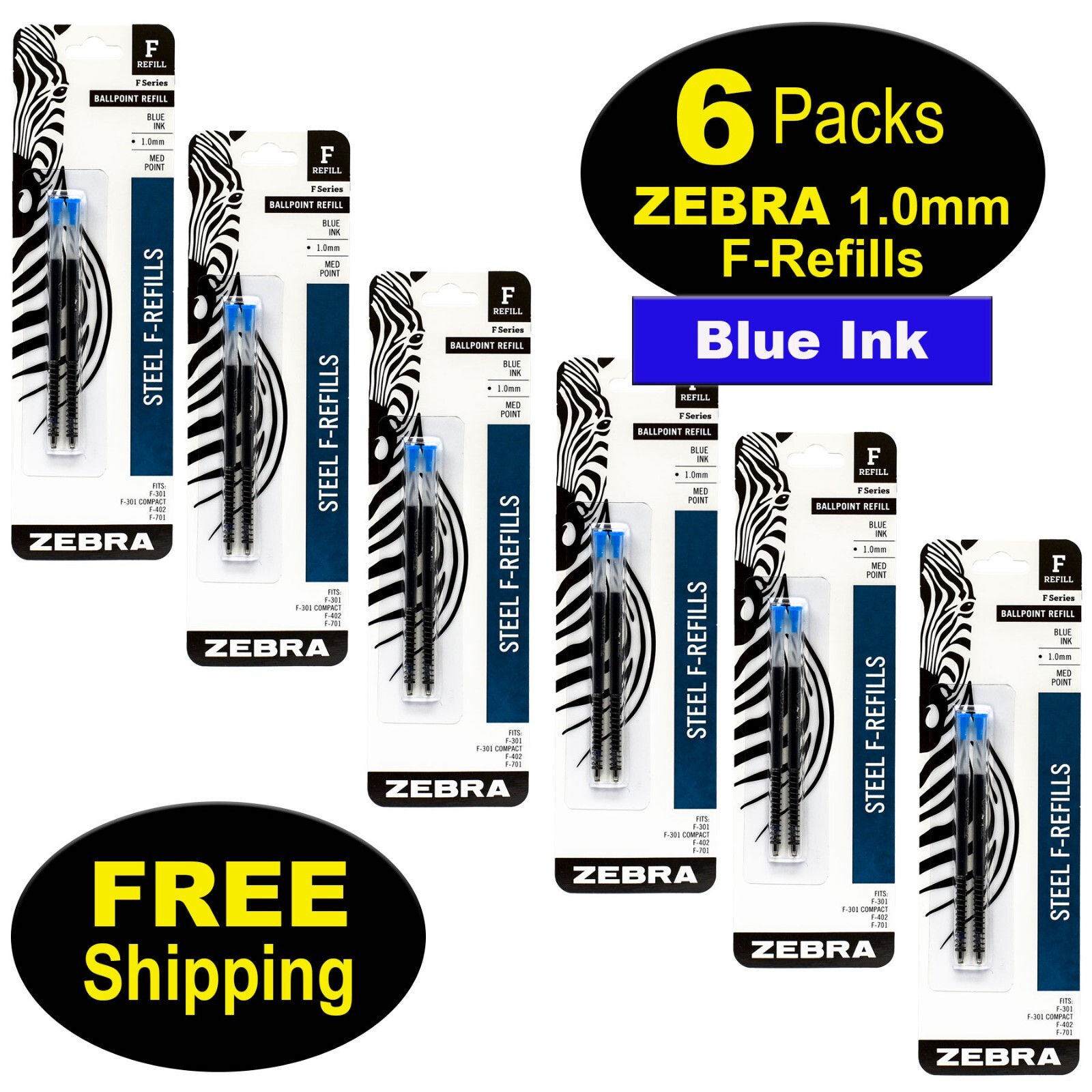 Zebra Pen Refills 85422 for F-301, F-402, F-701, 1.0mm Medium, Blue Ink 6 Packs