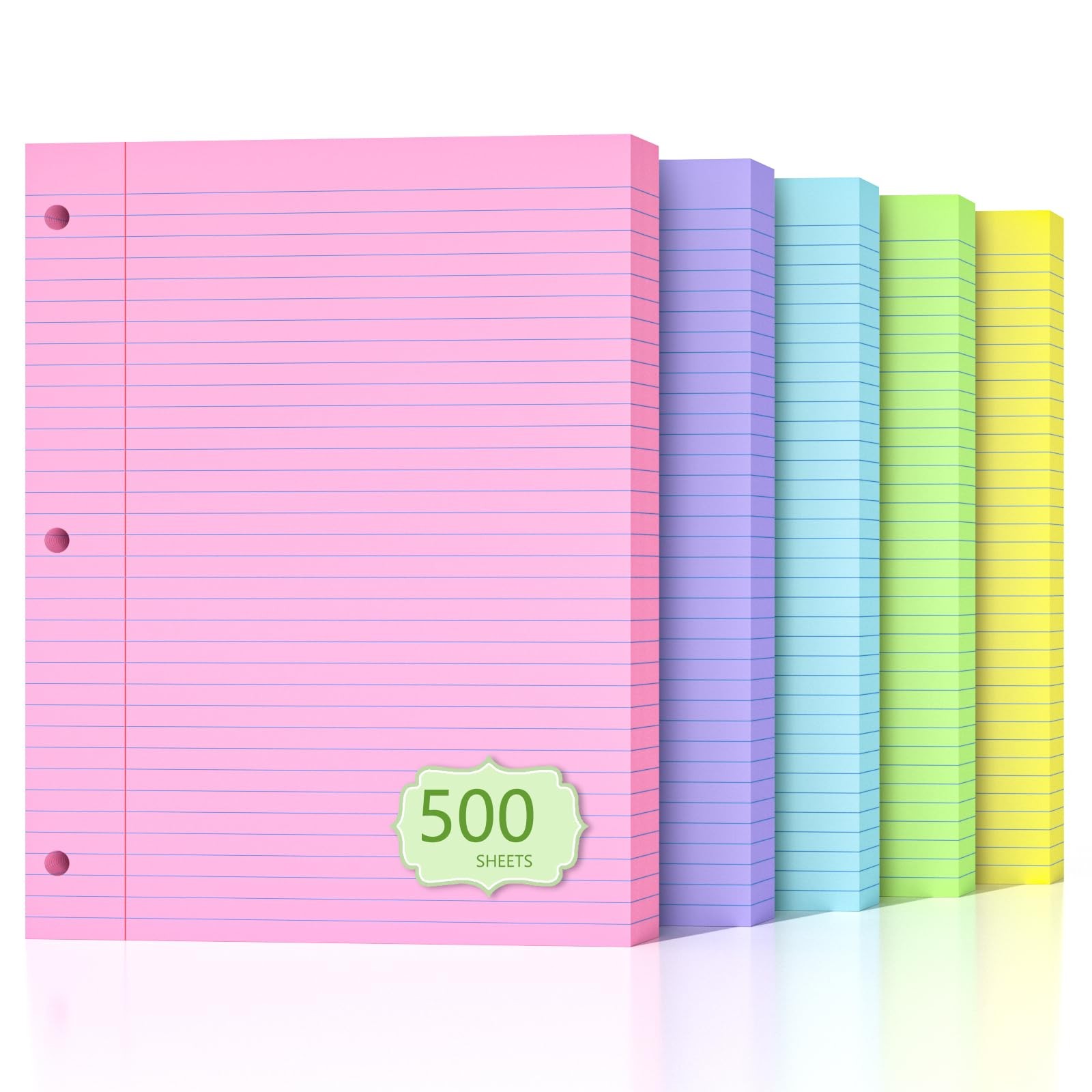 500 Sheets Loose Leaf Paper 8″ x 10.5″ Colored Filler Paper College Ruled 3-H…