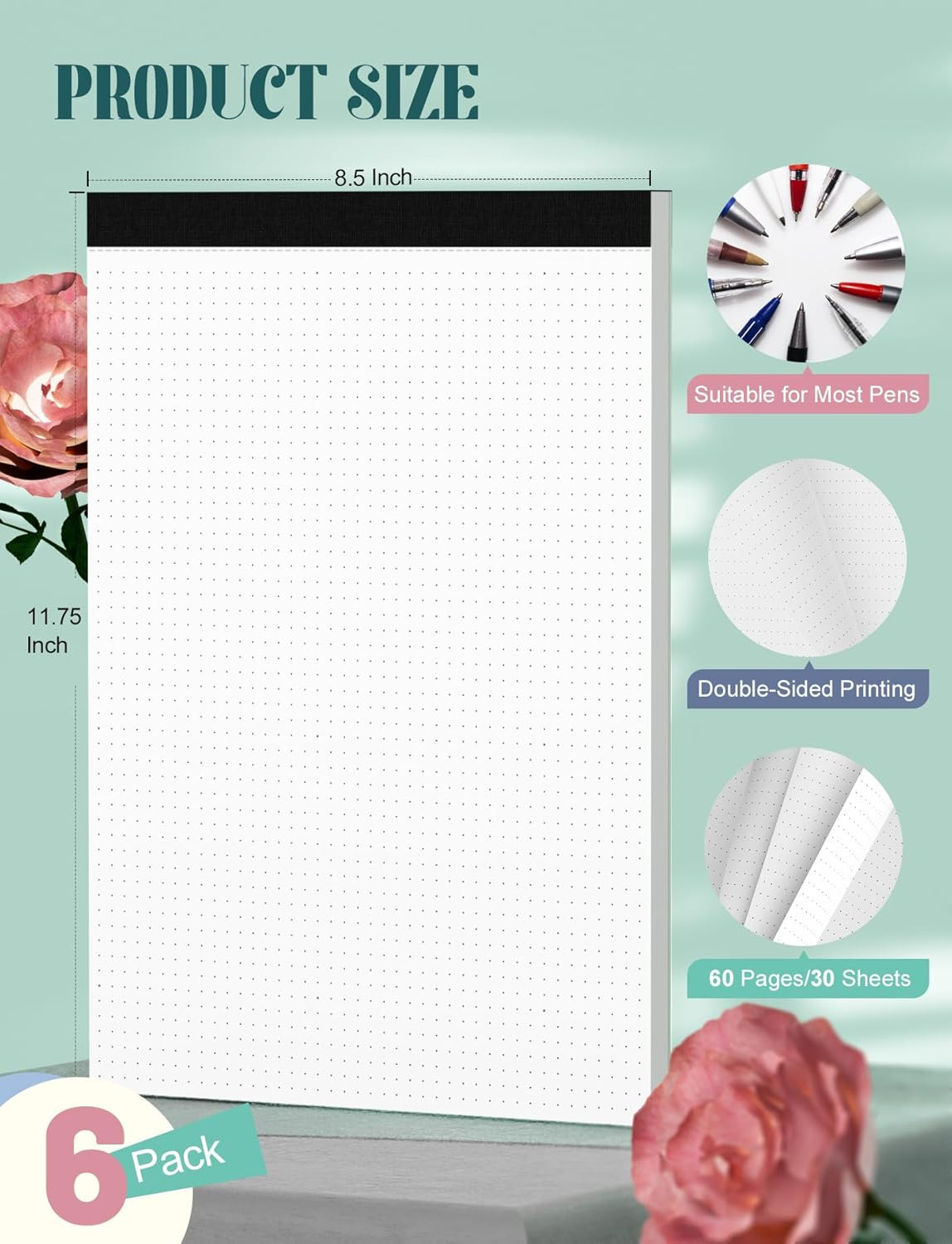 Dotted Paper 8.5 X 11, 6 Pack Dot Grid Paper Pad, 30 Sheets per Pad