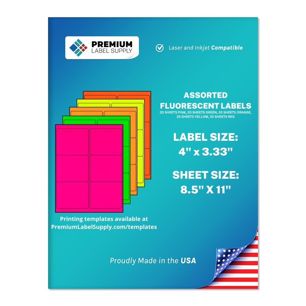 Premium Label Supply Bright Neon Fluorescent Stickers – 4″ x 3.33″ Labels