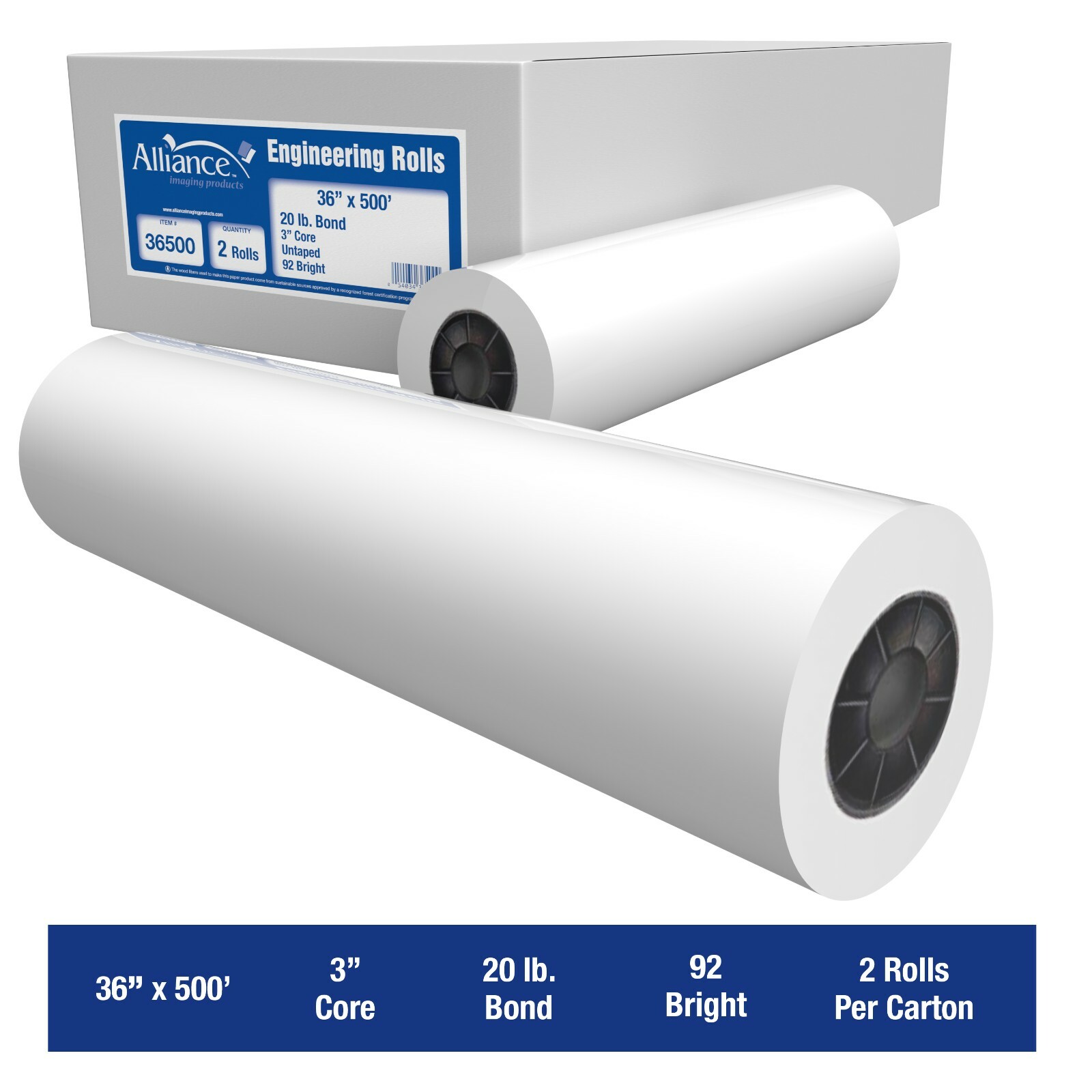 Alliance Paper Rolls, Bond Engineering, 36x500x3, 92 Bright, 20lb 2 Rls/Ctn
