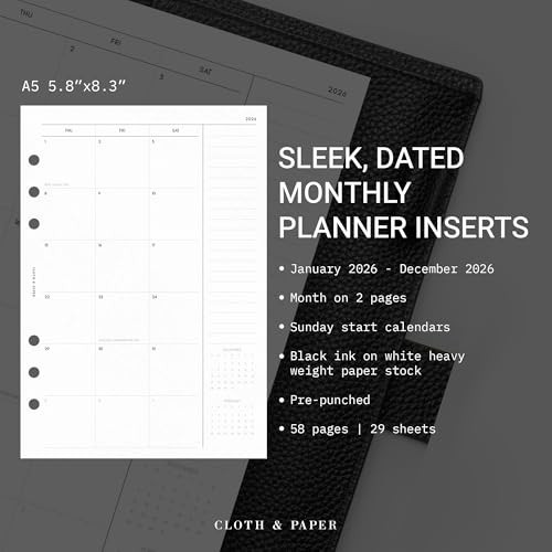A5 Monthly Planner Inserts 2026 | 6-Hole Punched Agenda Refills | Minimalist Des