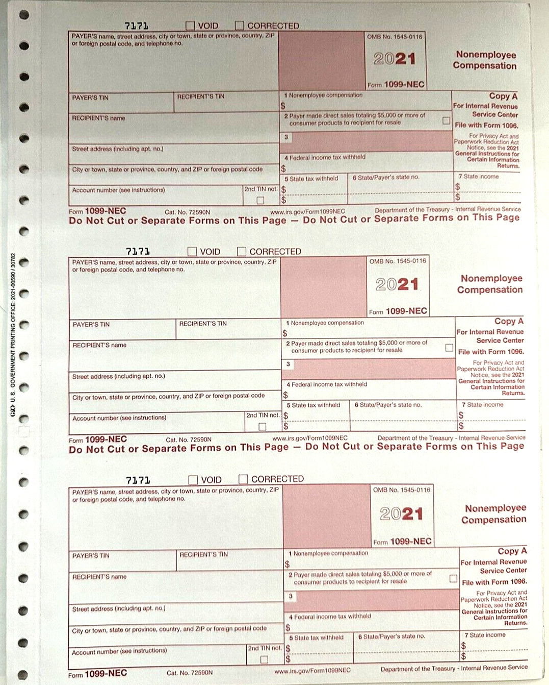 (6) 2021 IRS TAX FORMS 1099-NEC (6 Recipients) + 2 FORMS 1096