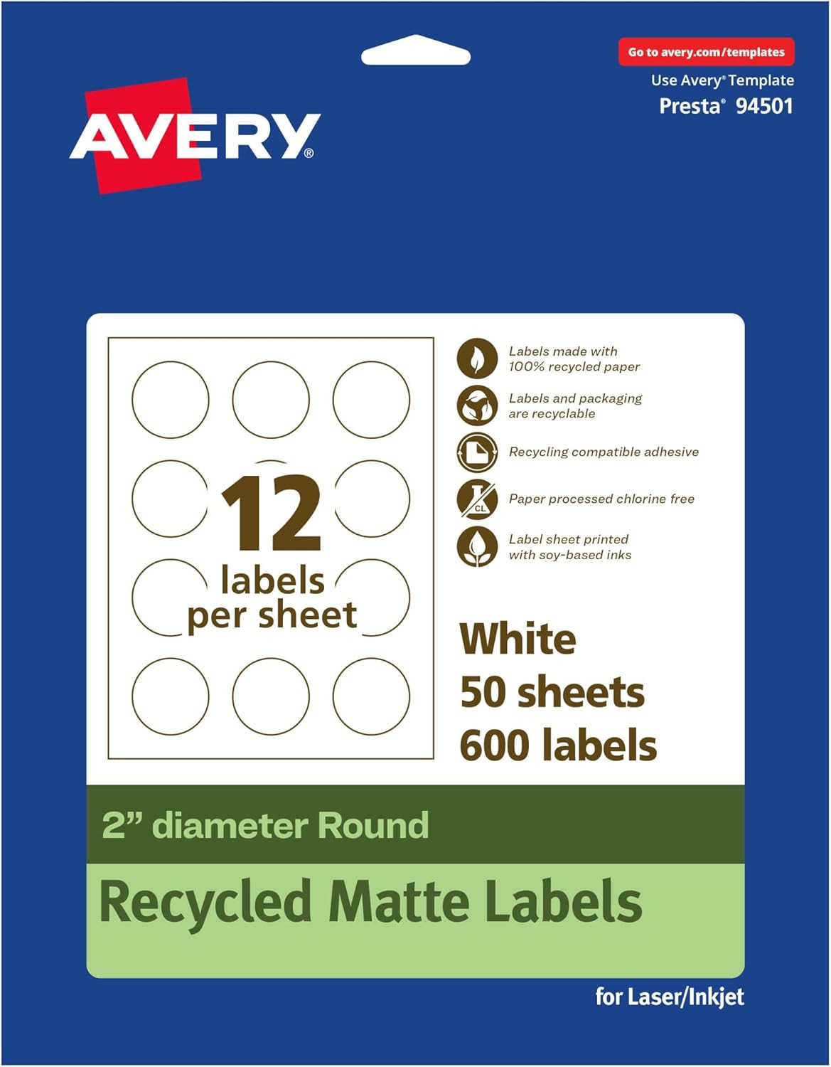 Ecofriendly Matte White Recycled round Labels, 2″ Diameter, Print-To-The-Edge, M