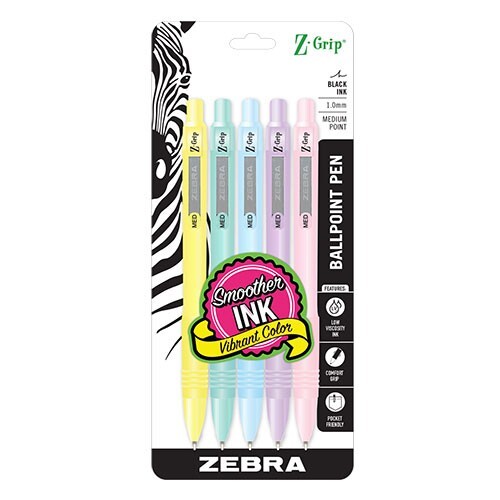 Zebra Z-Grip Retract Ball Pen Med 1.0mm 5/Pk Pastel Barrel BLK Ink Office School