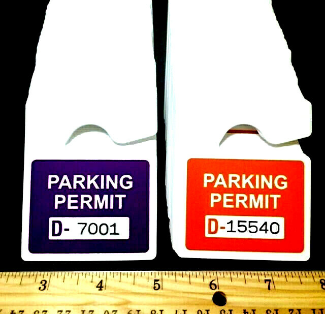 LOT OF 5 PURPLE OR ORANGE REARVIEW MIRROR METALLIC PARKING PERMITS W/FREE NUMBER