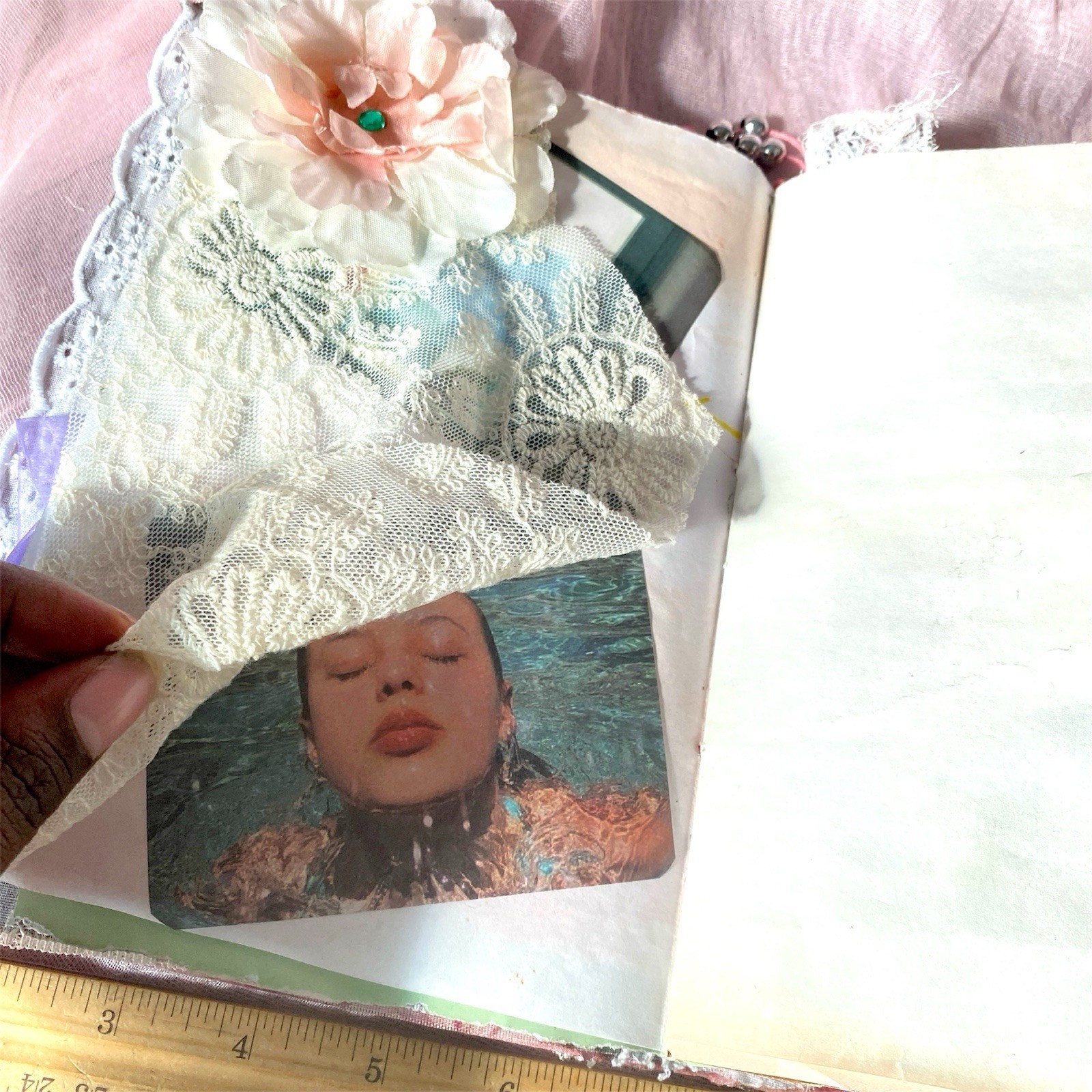 Handmade Vintage Silk Fabric Junk Journal Book Romantic Floral 2 Signatures Lace
