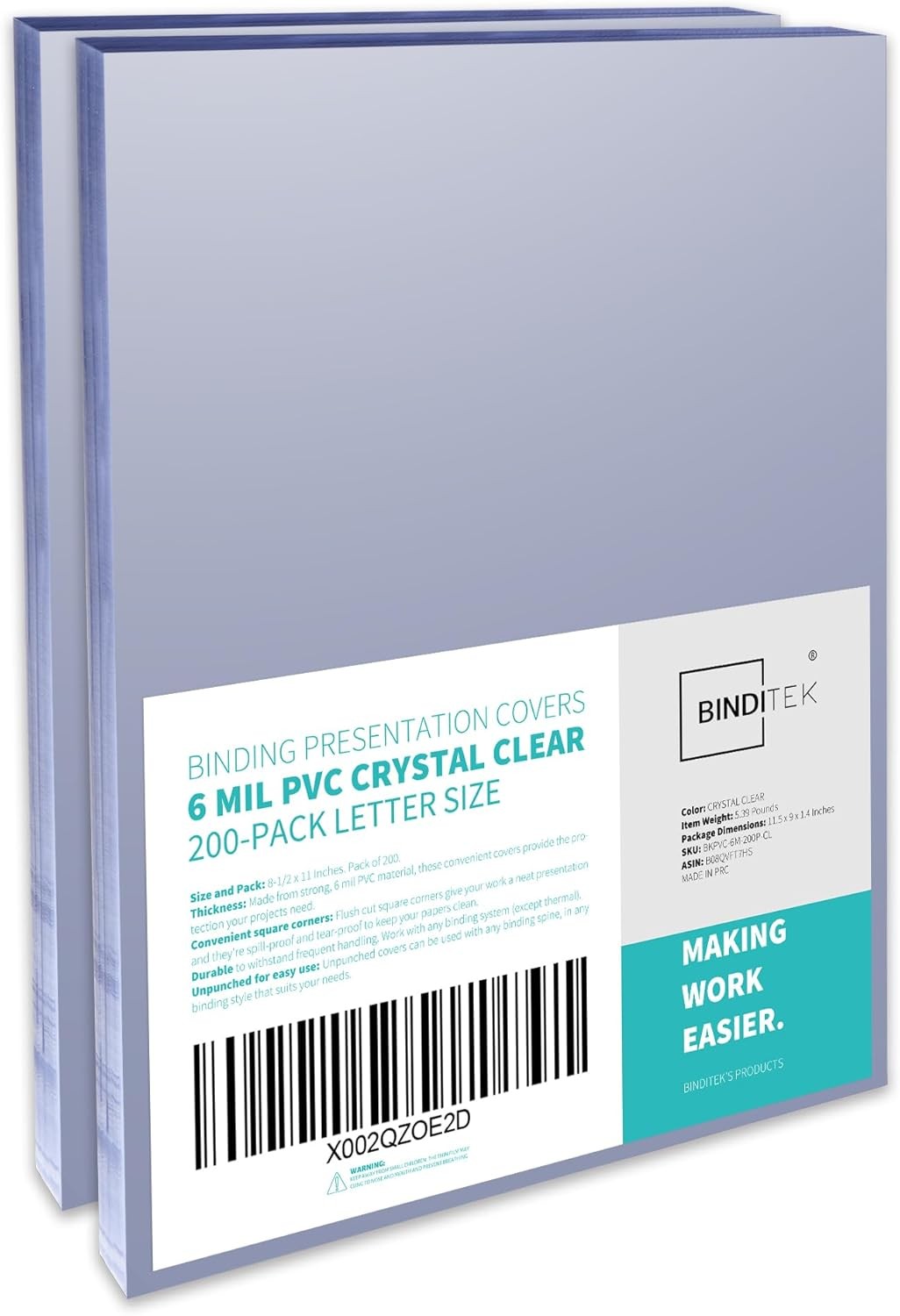 200 Pack 6 Mil PVC Clear Binding Covers, 8.5 X 11 In, Letter Size, Squa