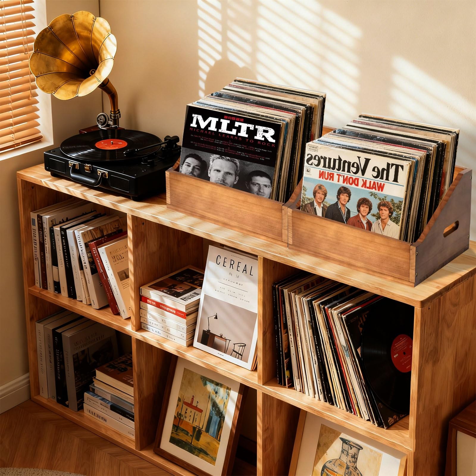Wooden Vinyl Record Storage Crate, Large-Capacity Retro Holder Brown