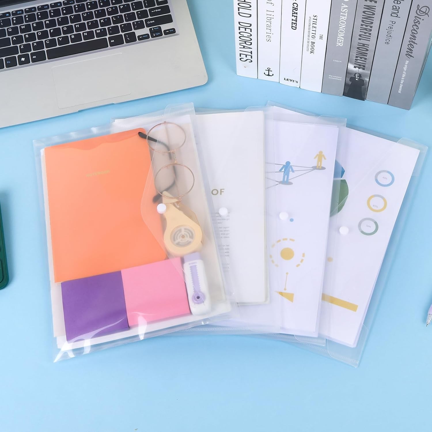 EOOUT 14pcs Plastic Envelopes, Clear Poly Folders with Button Snap Closure for D