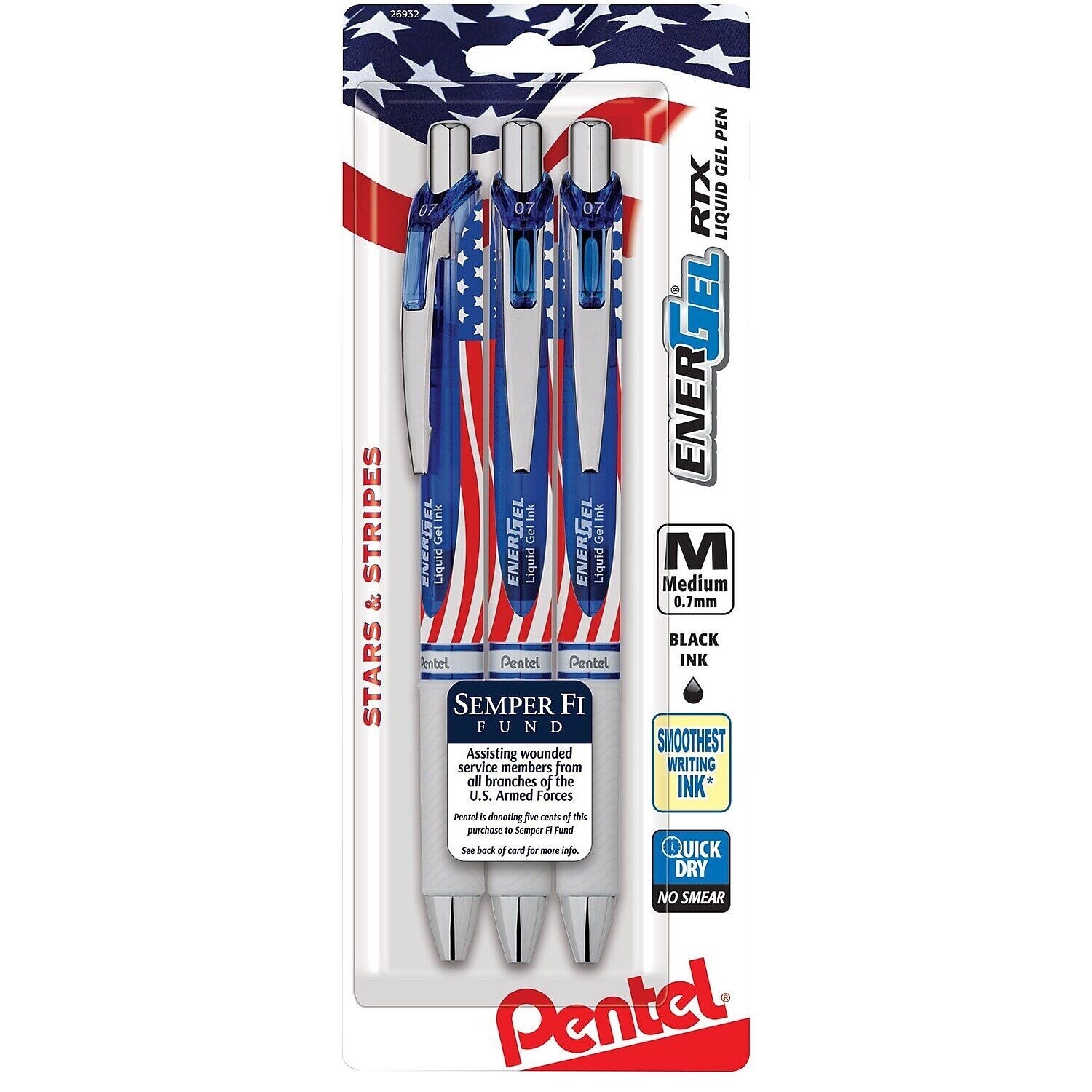 Pentel EnerGel RTX 0.7 STARS STRIPES 3 BLACK LIQUID GEL PEN SEMPER FI MARINE👍3