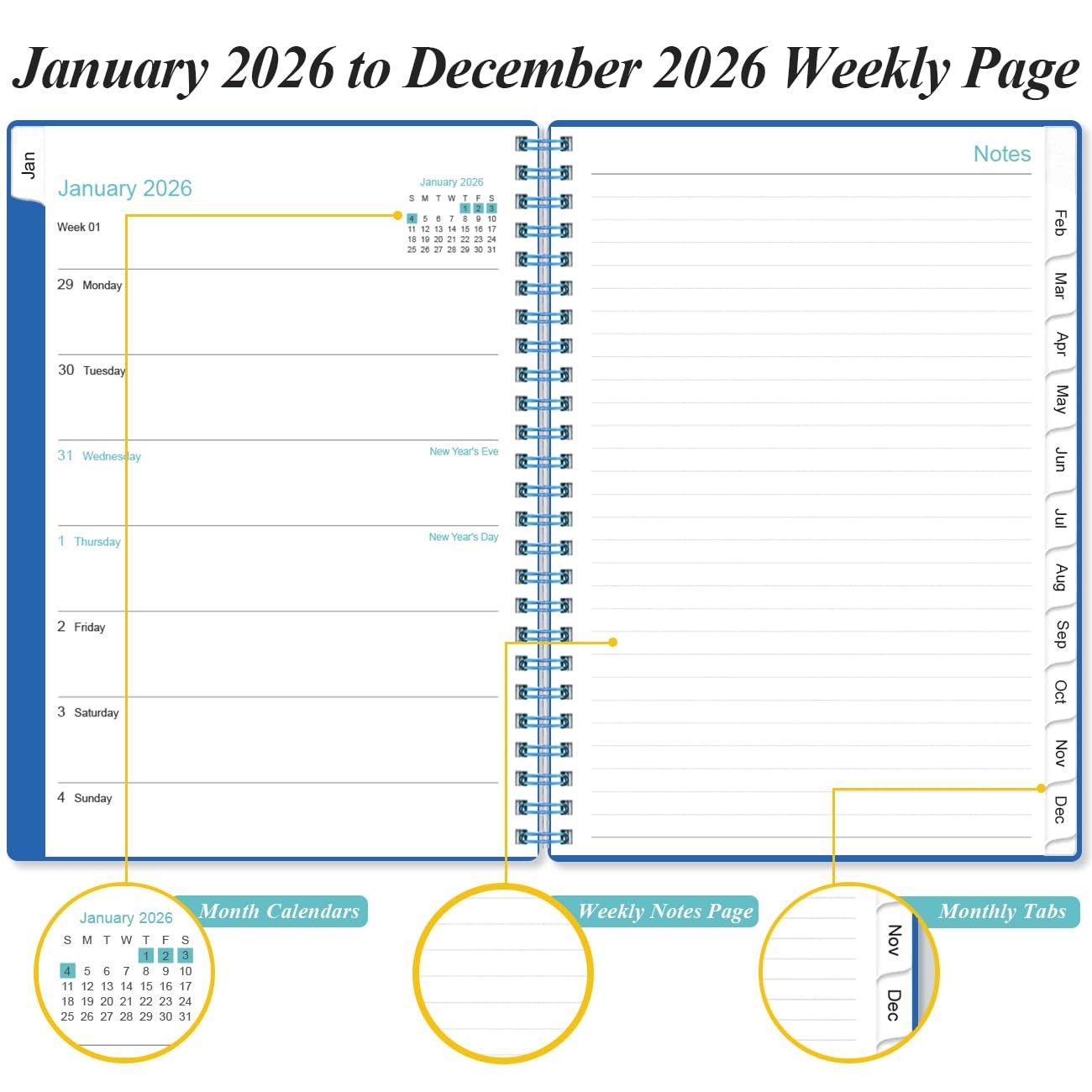 2026 Planner Weekly Monthly Academic 12 Month 6.4×8.5 Blue Flexible Cover Pocket