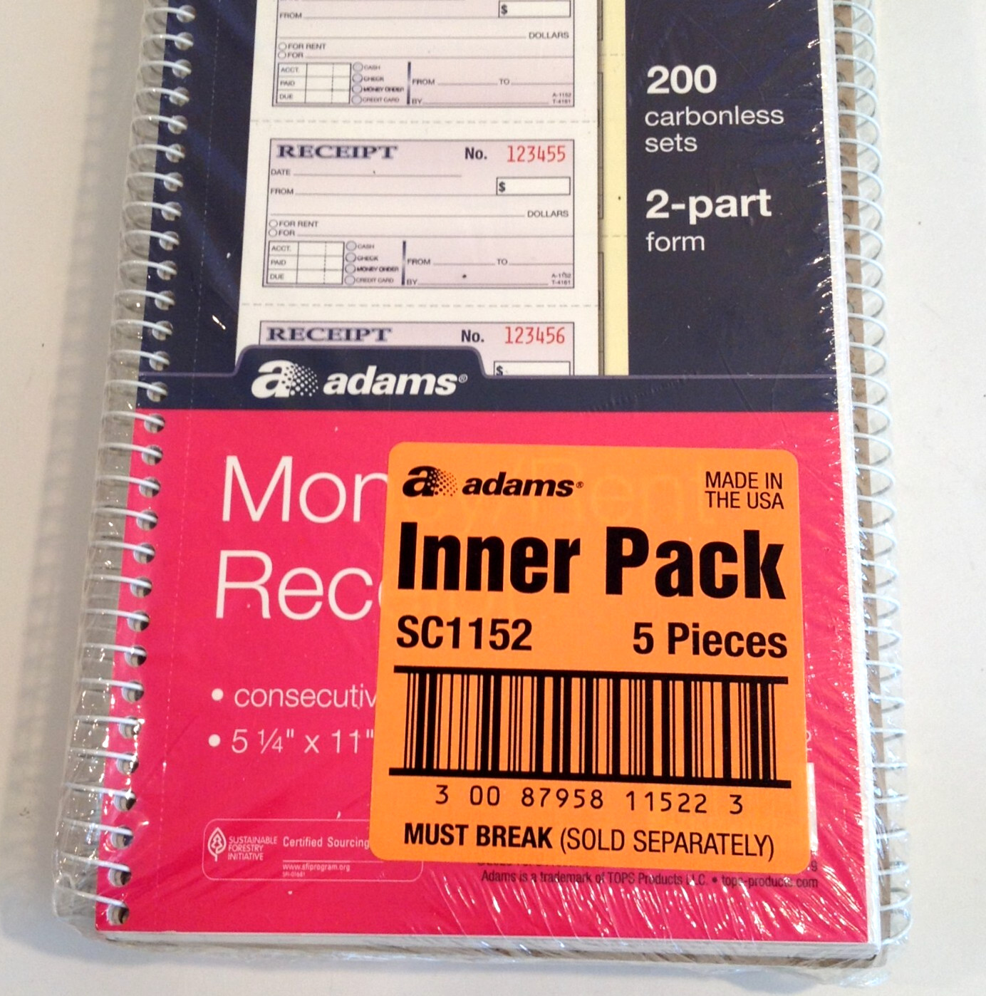 5 Pack Adams Spiral Money Rent Receipt Books 2-Part 5-1/4″ x 11″ SC1152 5PK NEW